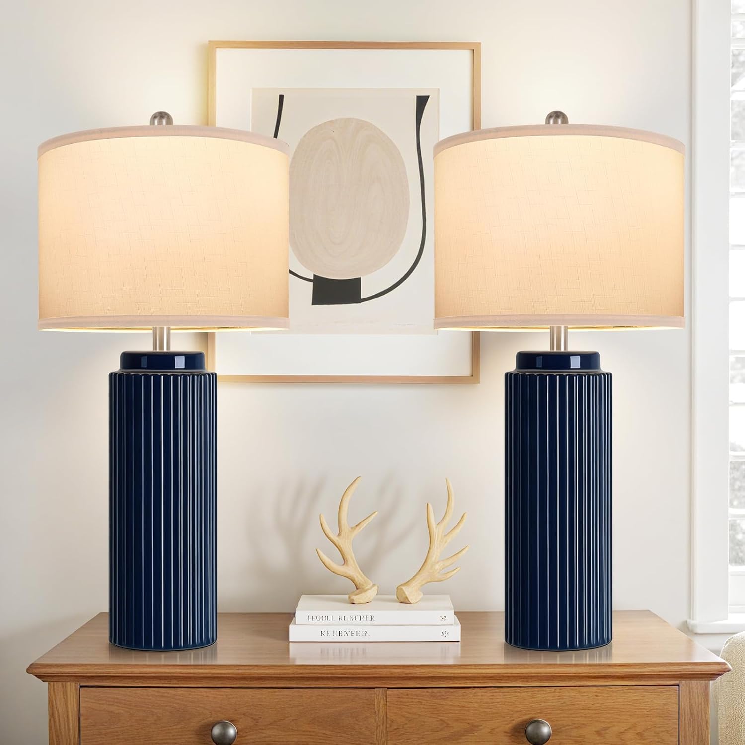 Tobusa 28’’ Modern Ceramic Table Lamps for Living Room Set of 2, Tall Farmhouse Bedside Lamps with Linen Shade, Dark Blue Rustic Nightstand…