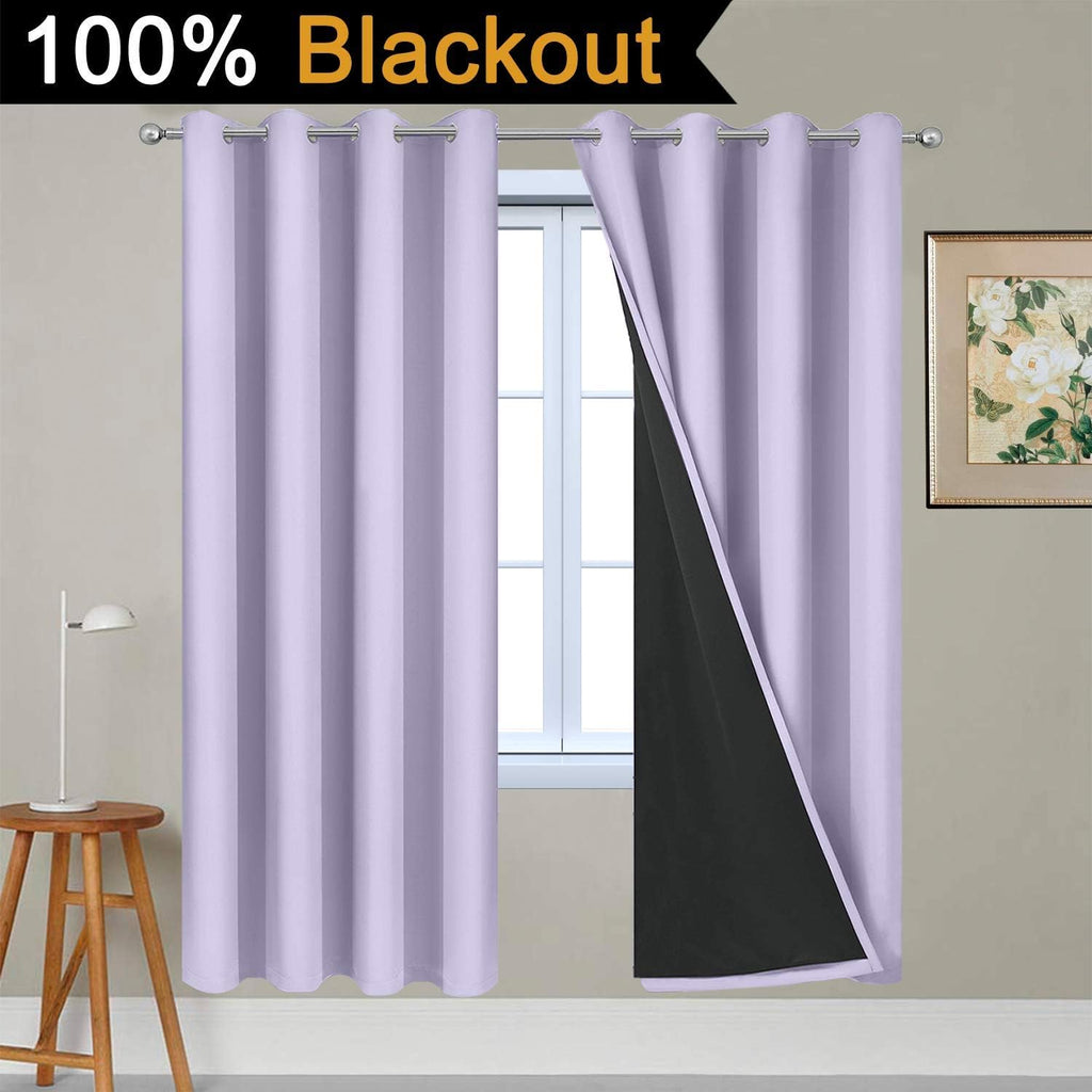 Yakamok Lilac 100% Blackout Lined Curtains, 2 Thick Layers Completely Blackout Window Treatment Thermal Insulated Drapes for Kitchen/Bedroo…