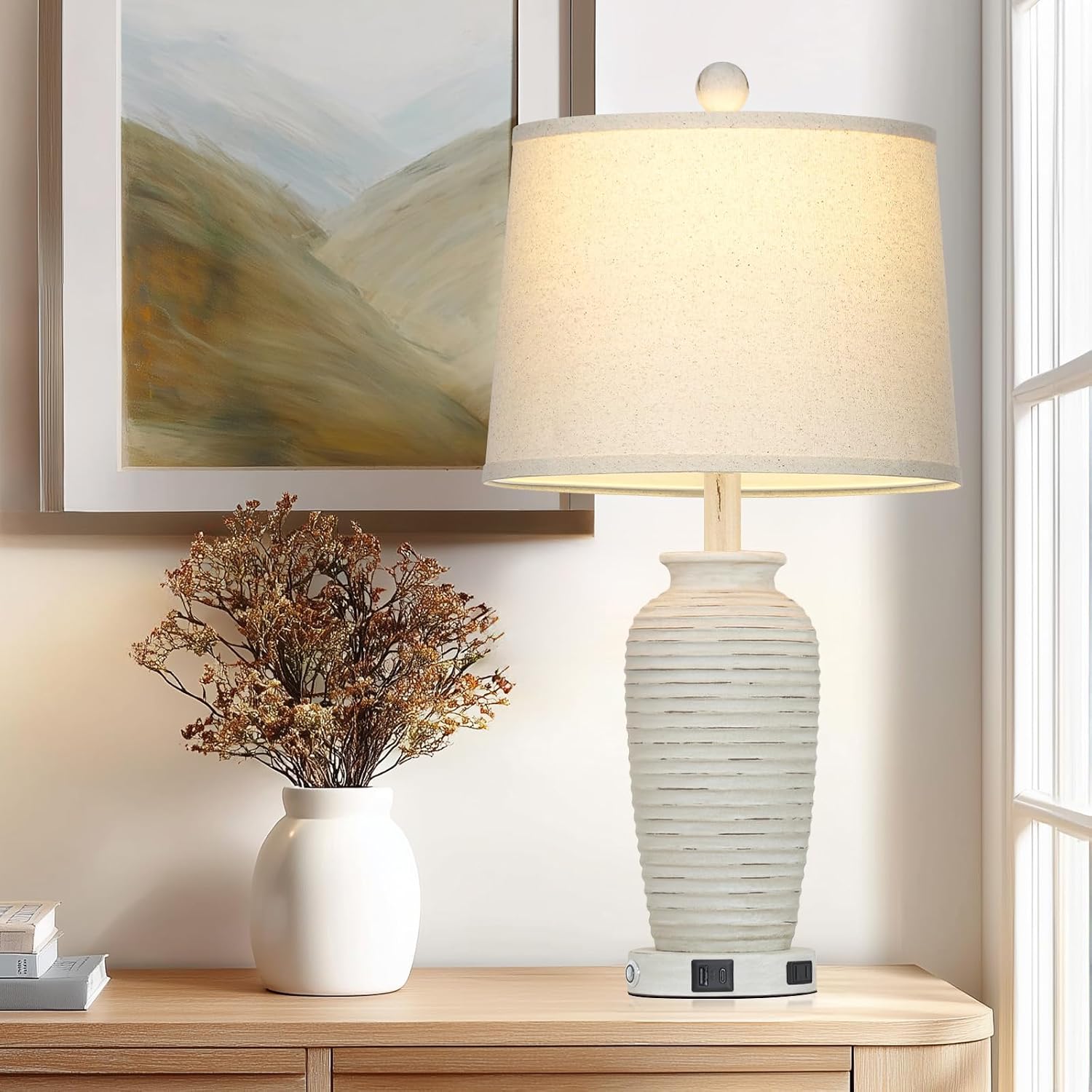 CINSARY 25" Retro White Farmhouse Jar Table Lamps for Living Room, 3 Way Touch Control Rustic Bedside Lamps with USB A+C Ports & AC…