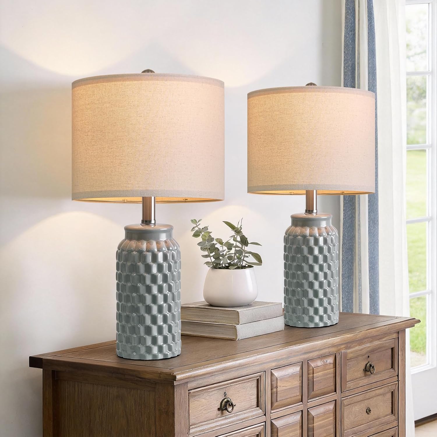USumkky 20.5" Ceramic Table Lamps Set of 2, Modern Farmhouse Boho Bedside Lamps for Bedroom, Nightstand Lamps for Living Room End Tables…
