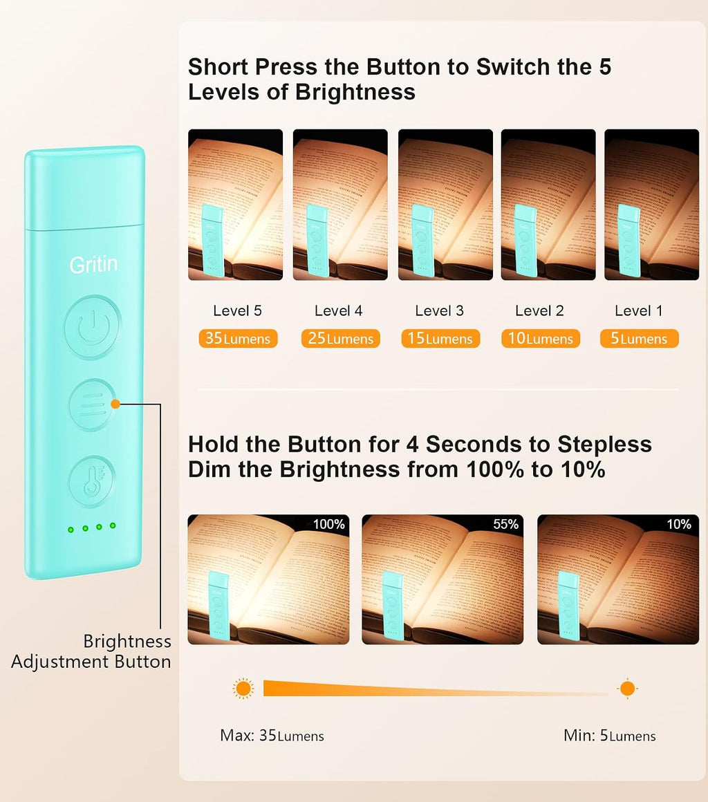 Gritin Book Light Rechargeable, Eye Caring 3-Color & 5-Brightness Clip on LED Reading Light for Books in Bed- Stepless Dimming, Long…