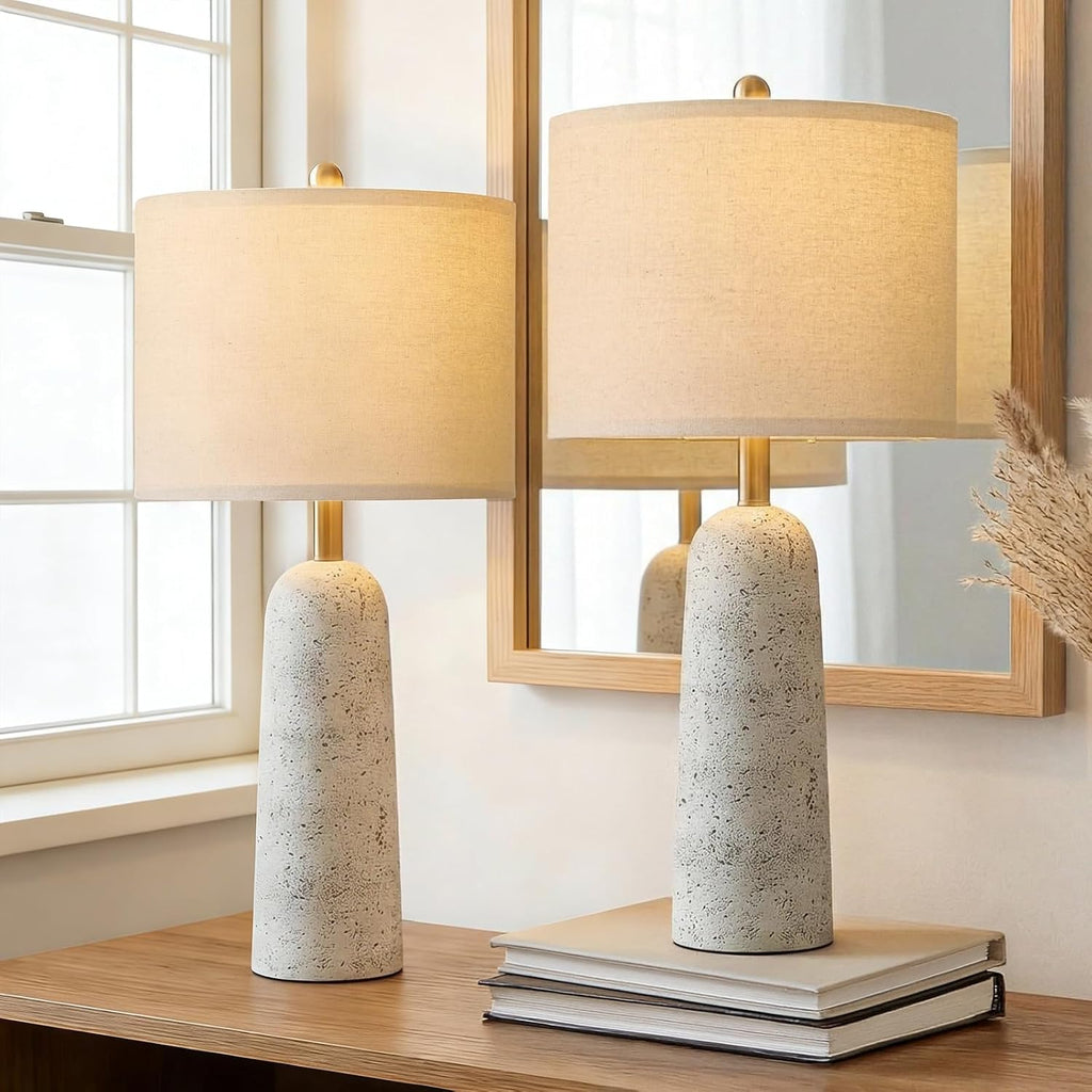 BOBOMOMO 27.25" Modern Table Lamp Set of 2, White Resin Table Lamps with Stone Look, Lamps for Living Room with Linen Shades, Bedside…