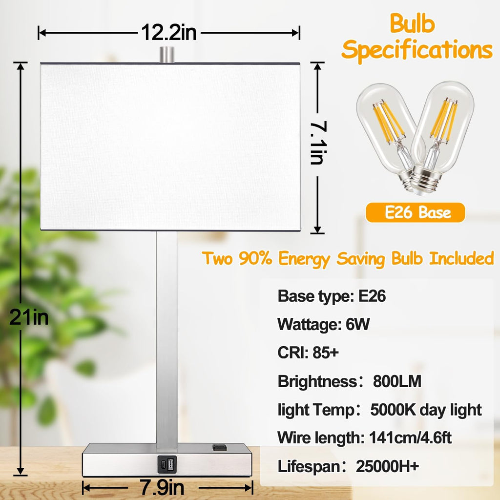 21" Set of 2 Touch Control Table Lamps with 2 USB & AC Outlets, 3-Way Dimmable Modern Nightstand Lamps for Bedroom Living Room Office…