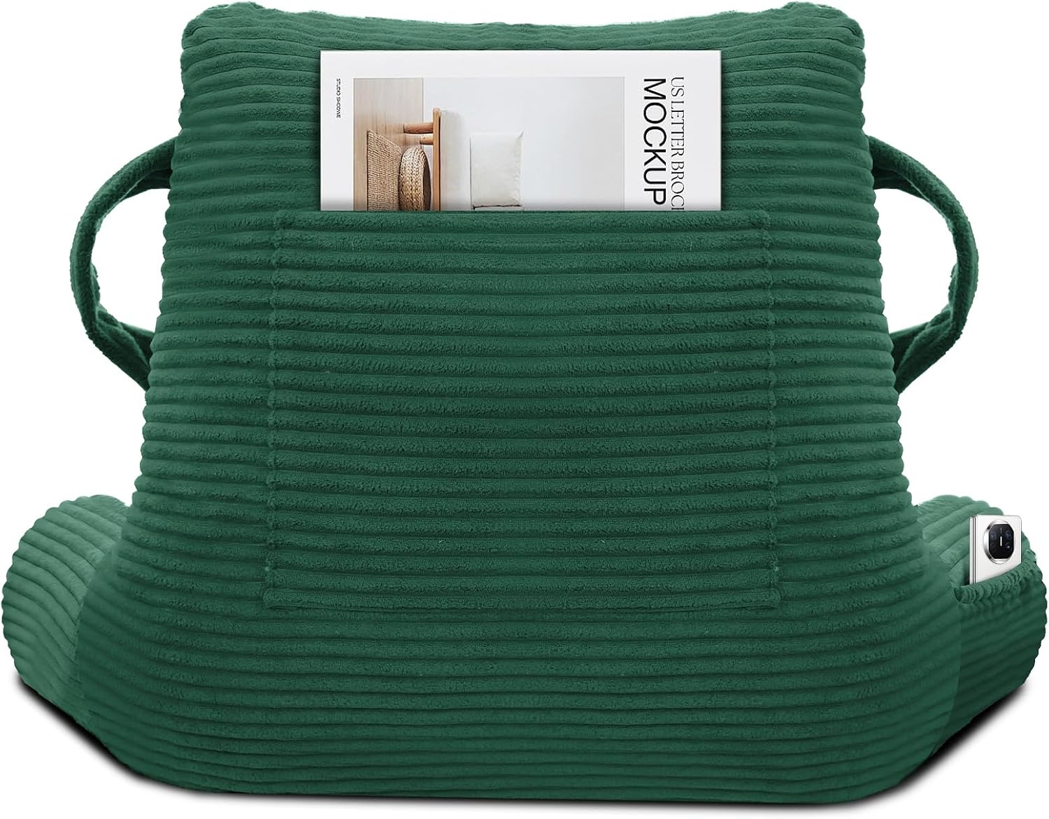 Reading Pillow for Sitting in Bed Adult, Bed Reading Pillow with Shredded Memory Foam, Back Pillow for Sitting with Arms and Pockets, Green