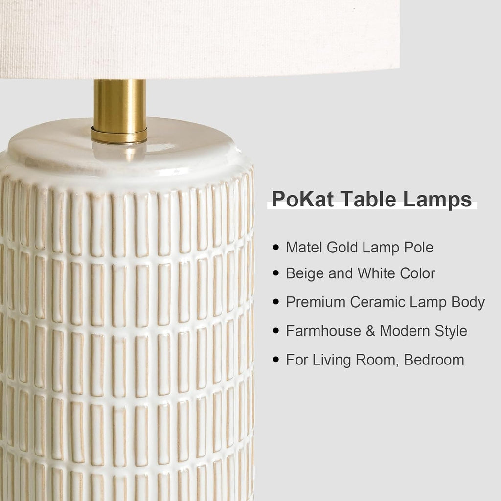 PoKat Small Bedside Table Lamps Set of 2 for Bedroom Living Room, 21.5'' Modern Ceramic Nightstand Lamps with Gold Base, Farmhouse Table…