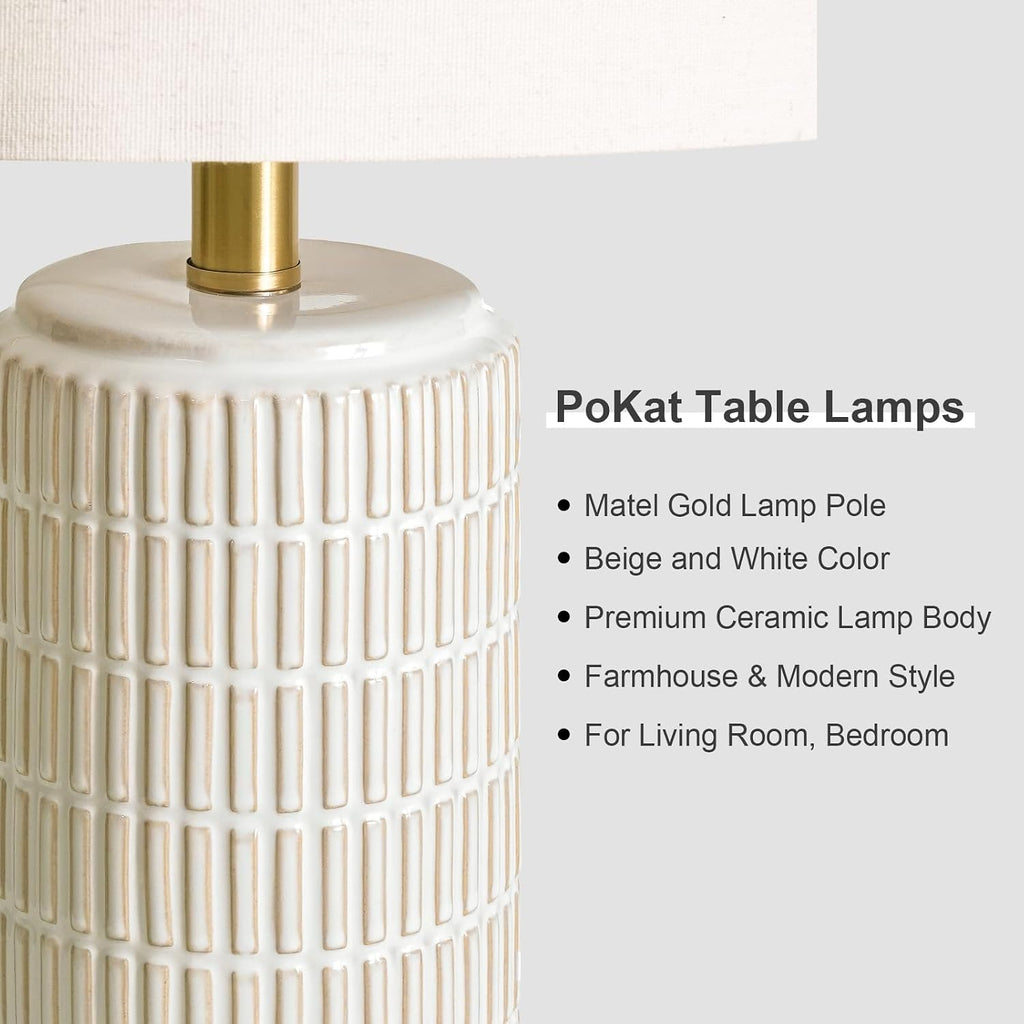 Pokat 25'' Modern Table Lamps Set of 2 for Living Room with Gold Base, White Farmhouse Bedside Lamps for Bedroom, Nightstand Lamps for Offi…