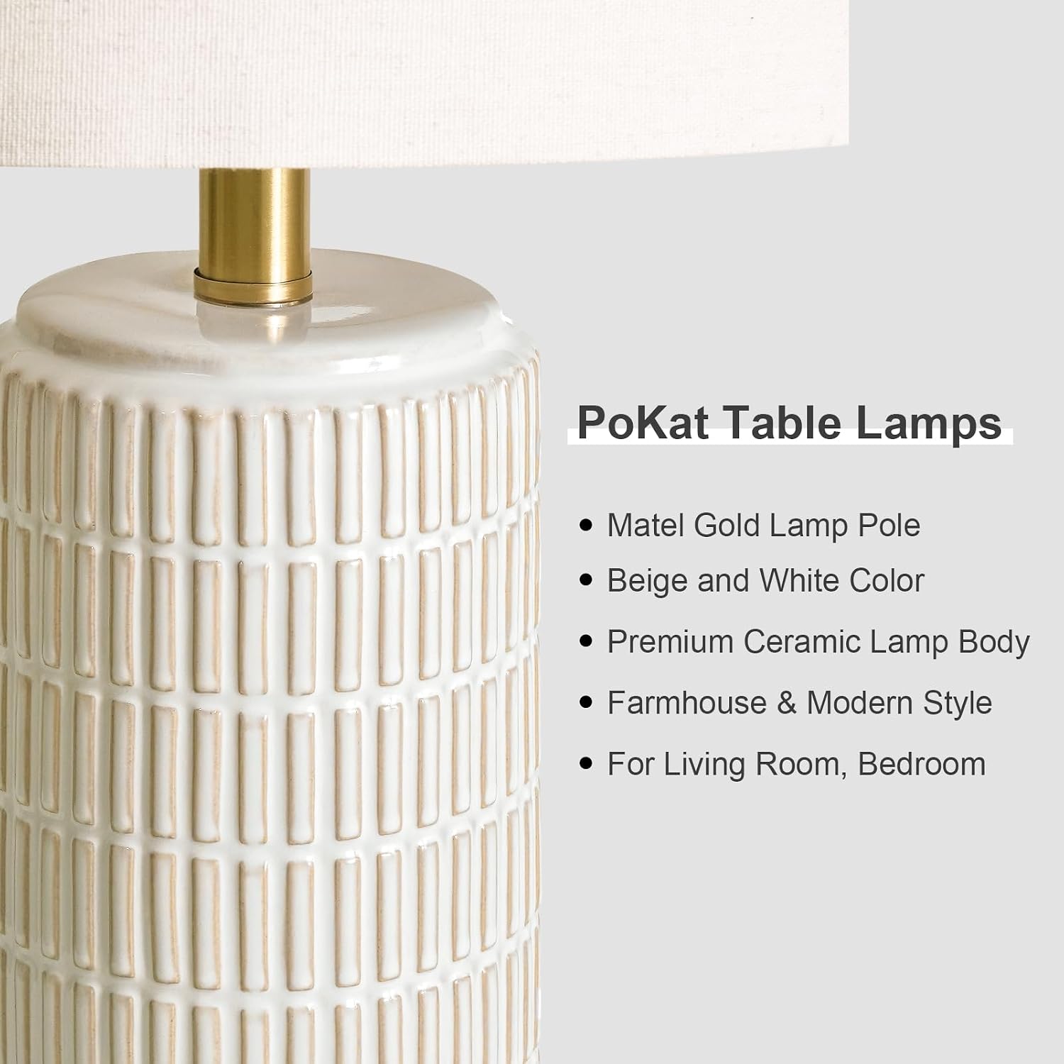 Pokat 25'' Modern Table Lamps Set of 2 for Living Room with Gold Base, White Farmhouse Bedside Lamps for Bedroom, Nightstand Lamps for Offi…