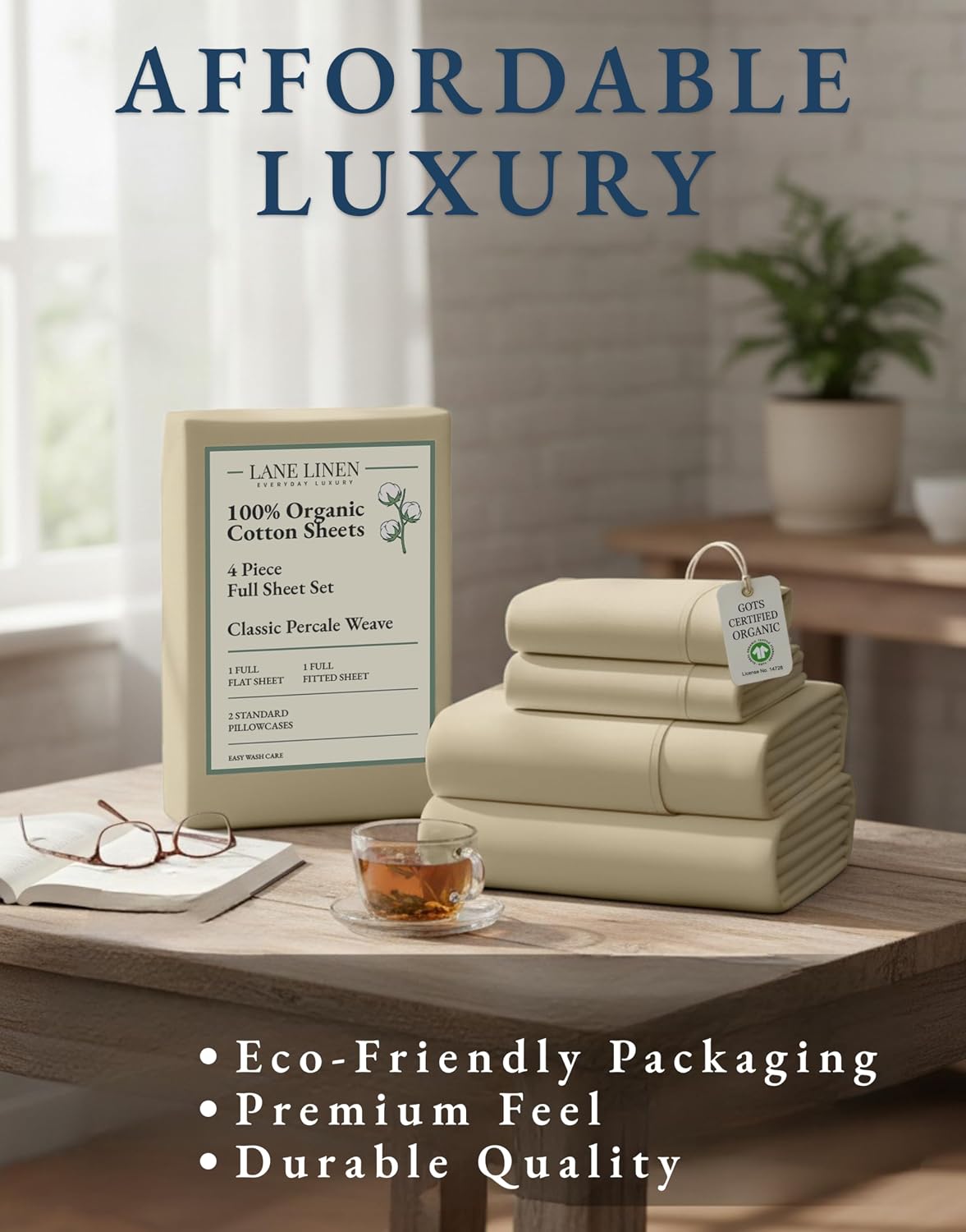 LaneLinen LANE LINEN 100% Organic Cotton Bed Sheets Full Size, Fully Elasticized Reinforsed Seams in Fitted Pocket, Machine Washable Natura…