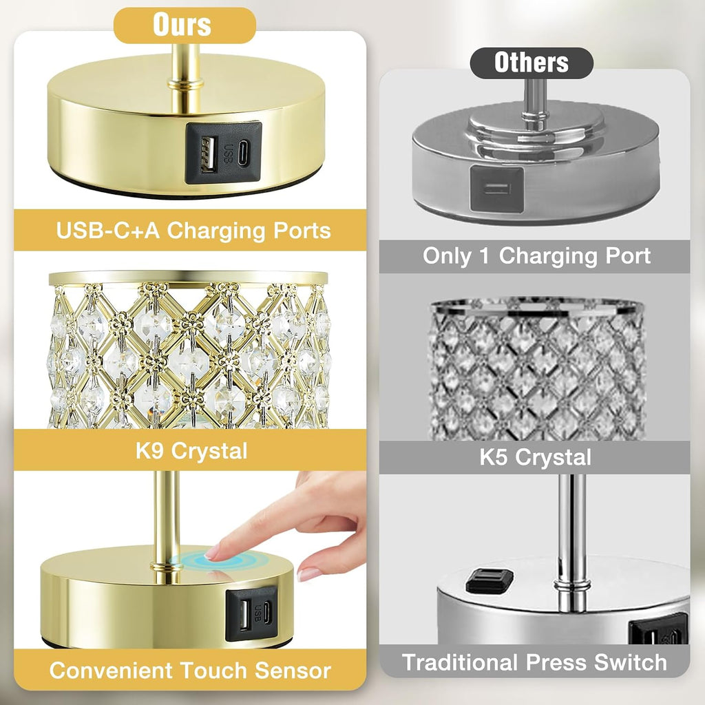 GyroVu Crystal Table Lamp, Gold Touch Lamp for Nightstand with USB C+A Ports, Dimmable Lamp with Crystal Shade, Bedside Lamp Small Lamp…