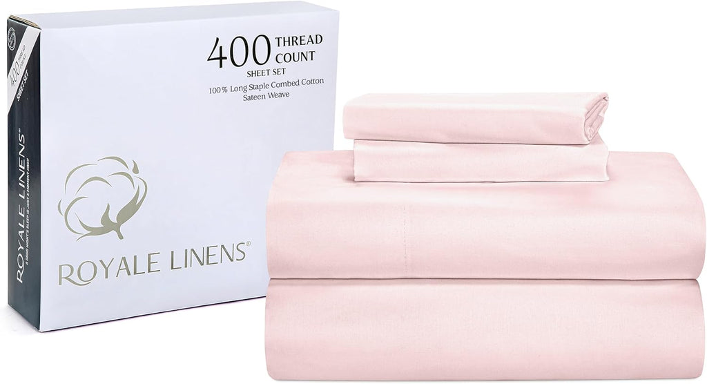 Royalelinens ROYALE LINENS 400 Thread Count 100% American Grown Cotton 4 Piece Sateen King Sheet Set - 1 Fitted Sheet, 1 Flat Sheet, 2 Pill…