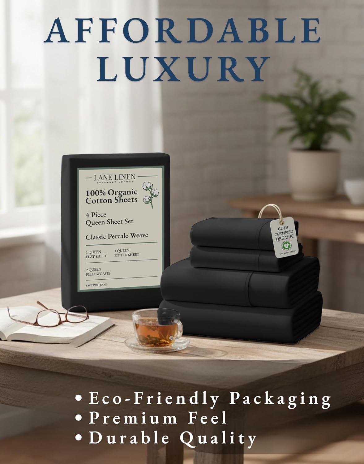 LaneLinen LANE LINEN 100% Organic Cotton Queen Size Sheets Set, Machine Wash Fully Elasticized Naturally Cooling Percale Weave Queen Size D…