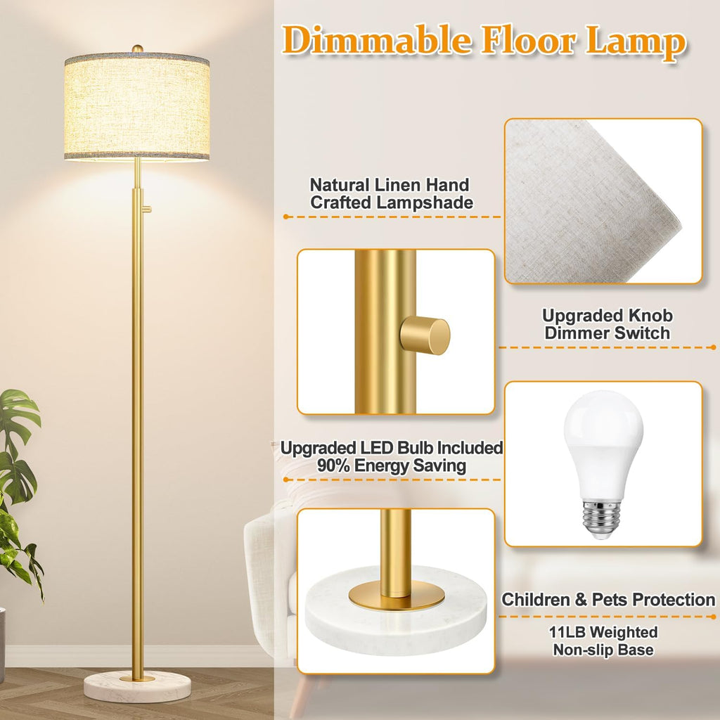Upgraded】 Dimmable Floor Lamp for Living Room, 11W LED Bulb Included, Modern Standing Lamp with Marble Base, Tall Pole Light with Linen…