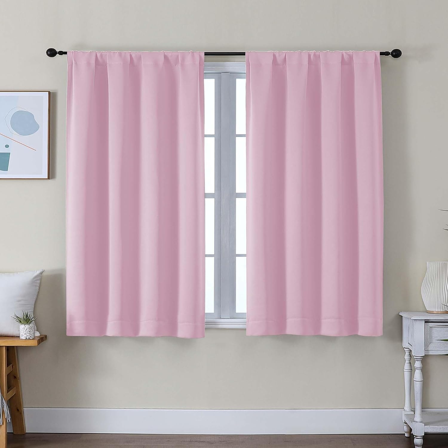 Simplebrand Ava Pink Short Blackout Curtains for Bedroom 45 Inches Long 2 Panels Set, Solid Thermal Insulated, Energy Saving Window Treatme…