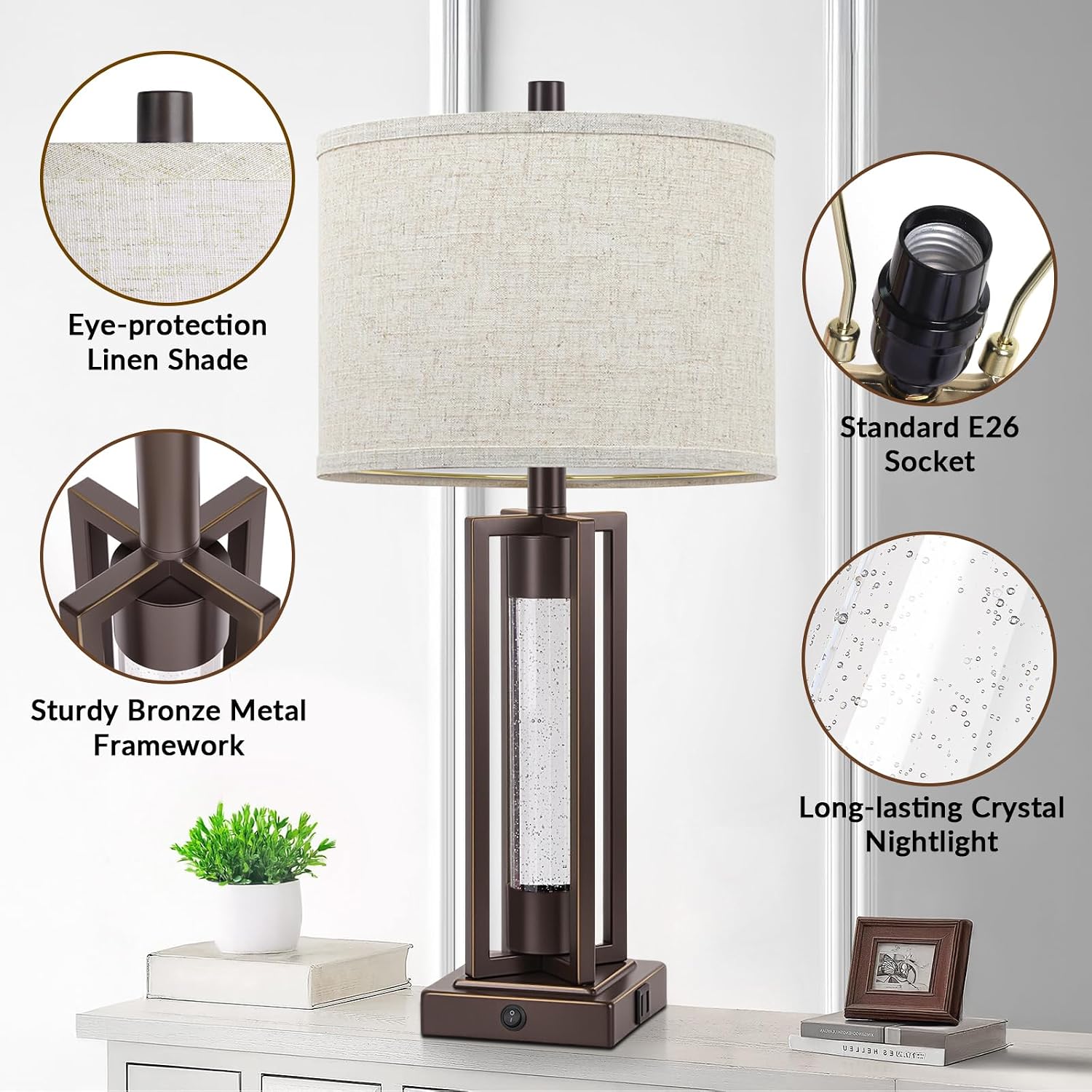 Tobusa 26’’ Vintage Table Lamps for Living Room Set of 2, Farmhouse Lamps for Bedroom with 2 USB Ports and Crystal Night Light, Rustic Beds…