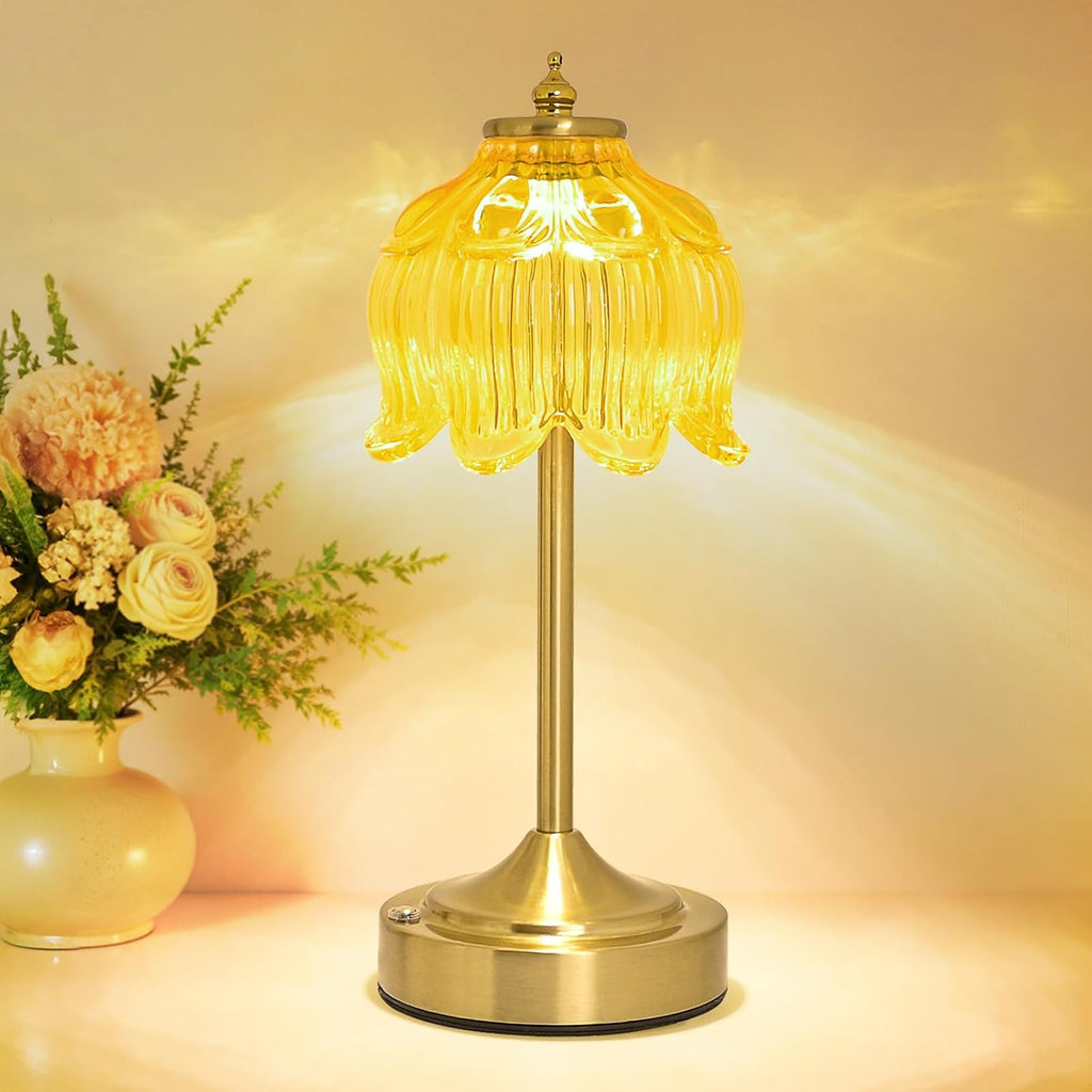 Crkwos Cordless Lotus Flower Table Lamp, 5200mAh Rechargeable Battery Operated Portable Lamp, 3-Color Dimmable Touch Control Small D…