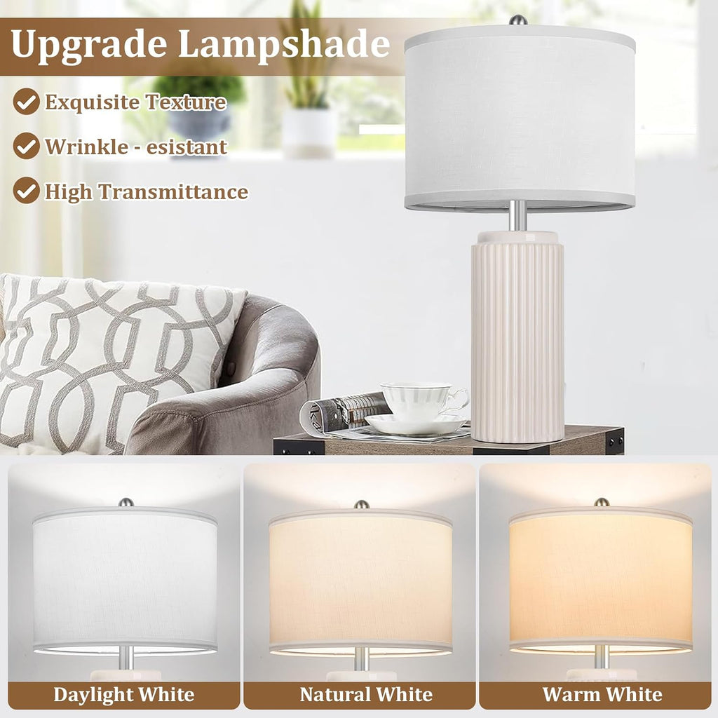 Tobusa 23.5’’ Beige Modern Ceramic Table Lamps Set of 2 for Living Room, Farmhouse Bedside Lamps with Upgraded White Linen Shade, Rustic Ni…