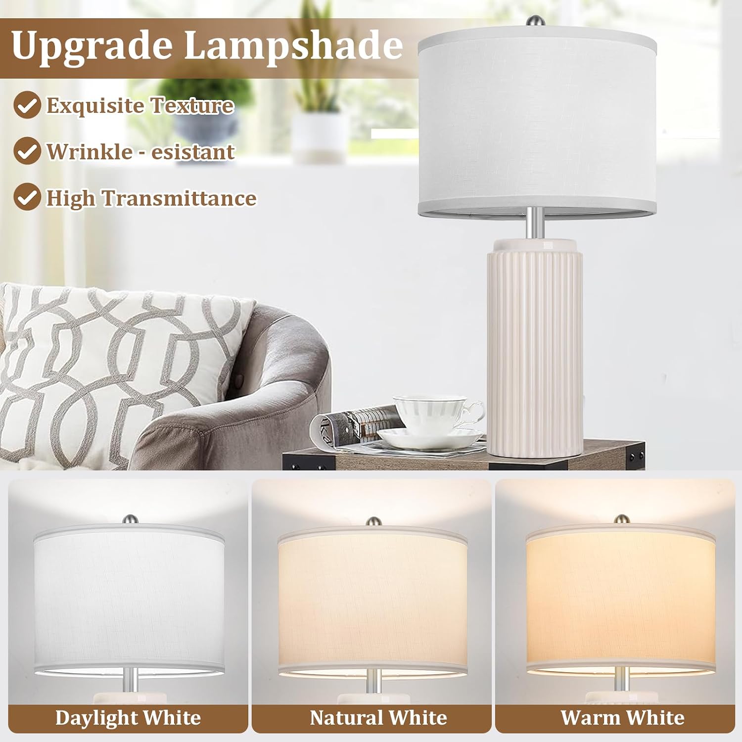 Tobusa 23.5’’ Beige Modern Ceramic Table Lamps Set of 2 for Living Room, Farmhouse Bedside Lamps with Upgraded White Linen Shade, Rustic Ni…