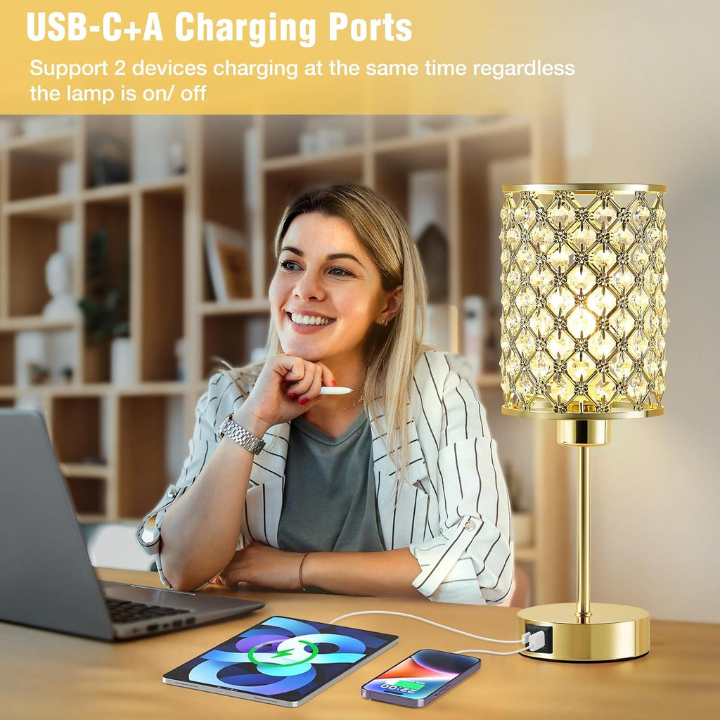 GyroVu Crystal Table Lamp, Gold Touch Lamp for Nightstand with USB C+A Ports, Dimmable Lamp with Crystal Shade, Bedside Lamp Small Lamp…