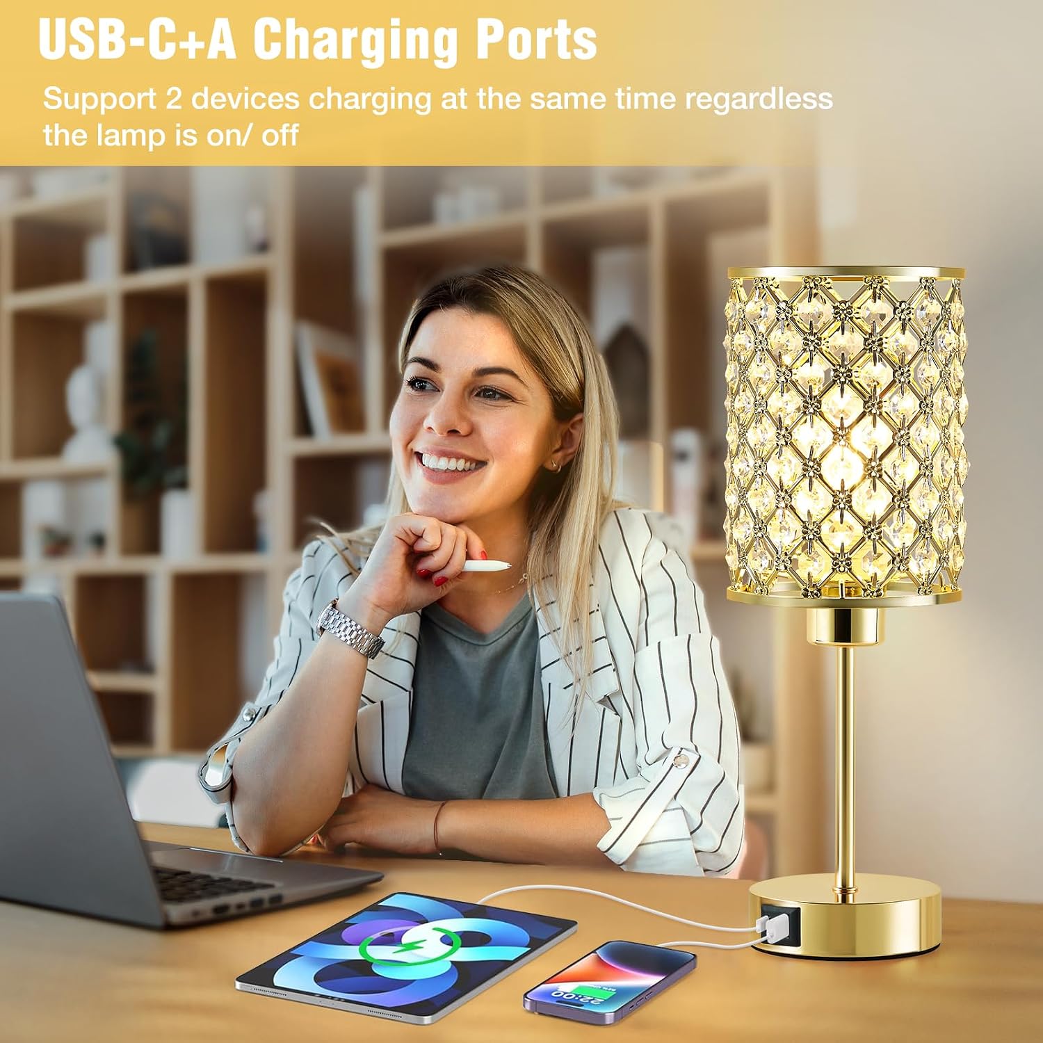 GyroVu Crystal Table Lamp, Gold Touch Lamp for Nightstand with USB C+A Ports, Dimmable Lamp with Crystal Shade, Bedside Lamp Small Lamp…