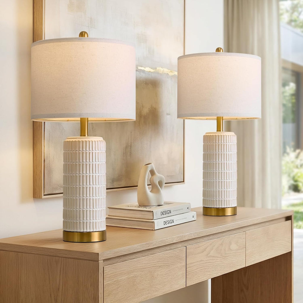 Pokat 25'' Modern Table Lamps Set of 2 for Living Room with Gold Base, White Farmhouse Bedside Lamps for Bedroom, Nightstand Lamps for Offi…