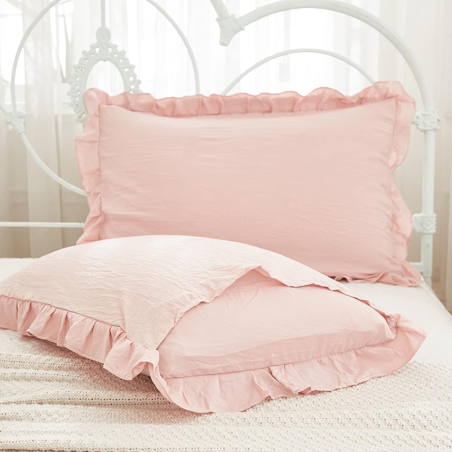 Merryword Pink Pillowcases King Pillowcases Ruffled Pillow Shams Set of 2 Cute Pillowcases Solid Ruffled Fringe Design Baby Pink Shabby Chi…