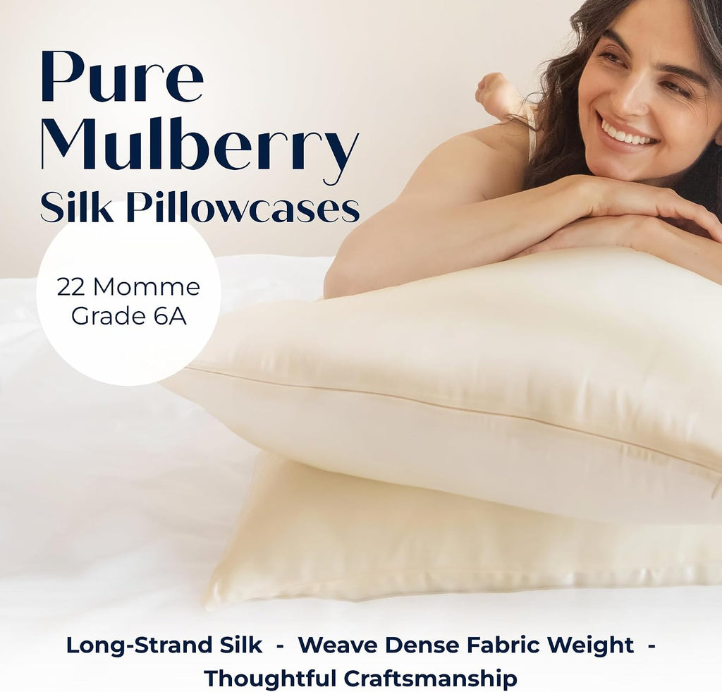 Mulberry Silk Pillowcase – Pure Silk Pillow Cover for Healthier Hair & Smoother Skin – Soft, Breathable and Temperature-Regulating…
