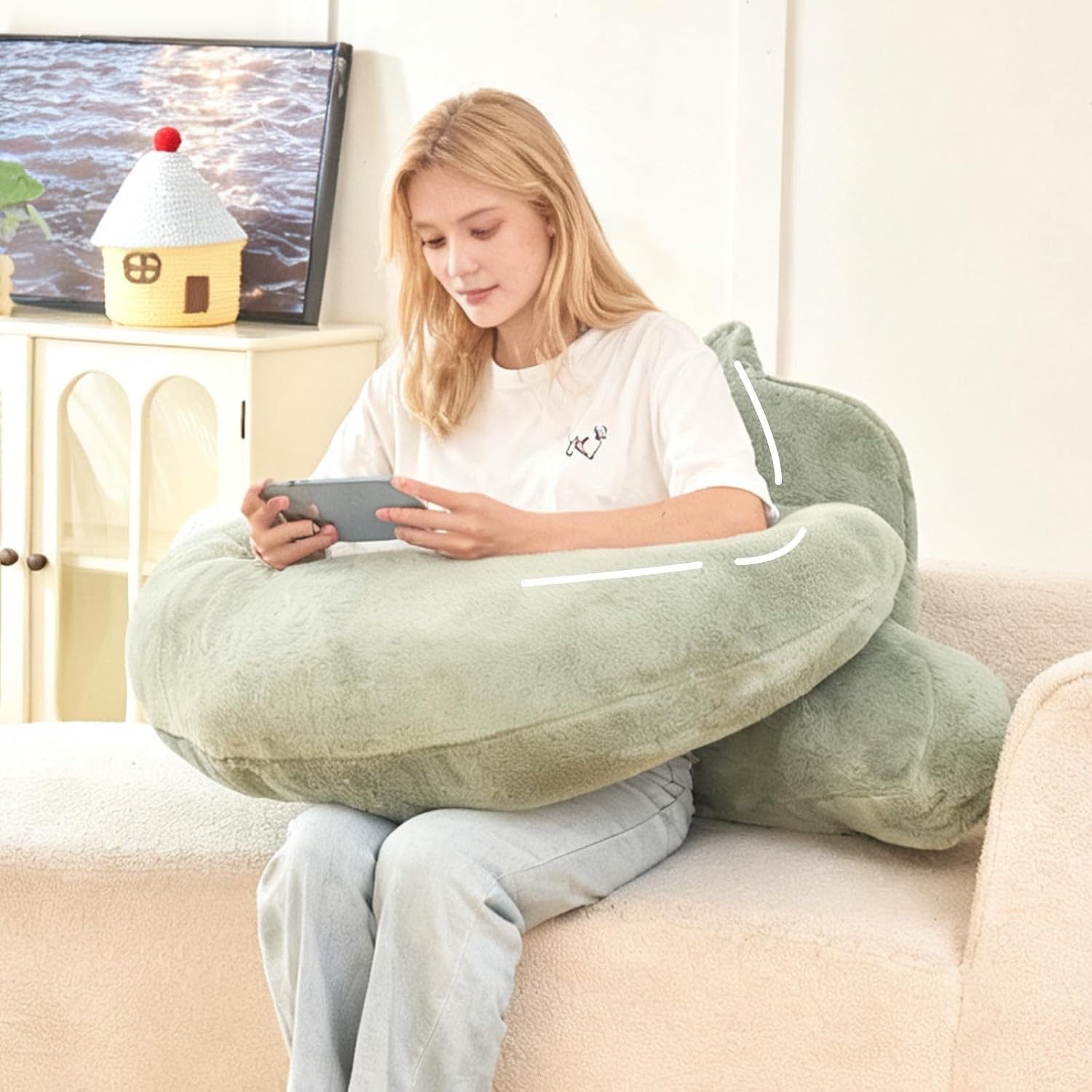 19" Faux Fur Reading Pillow for Bed, U Shaped Support Cushion with Lumbar & Arms, Luxurious Soft Backrest for Gaming, Lounging, Watching…