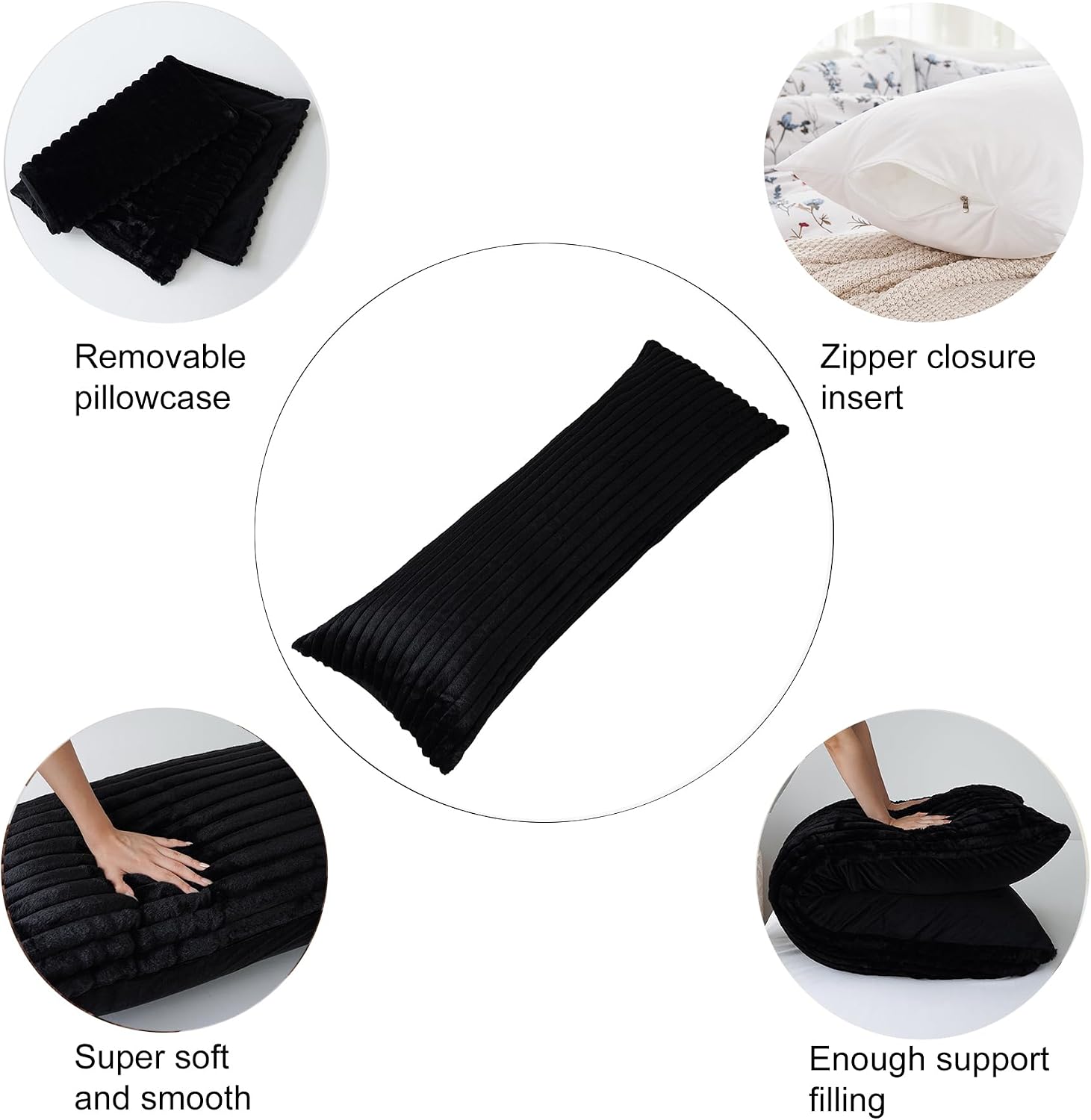 Memfydu Full Body Pillow with Fluffy Stripe Faux Fur Removable Cover, Long Bed Pillow Adult 20x54 Inches for Side Sleeper and Pregnancy, Bl…