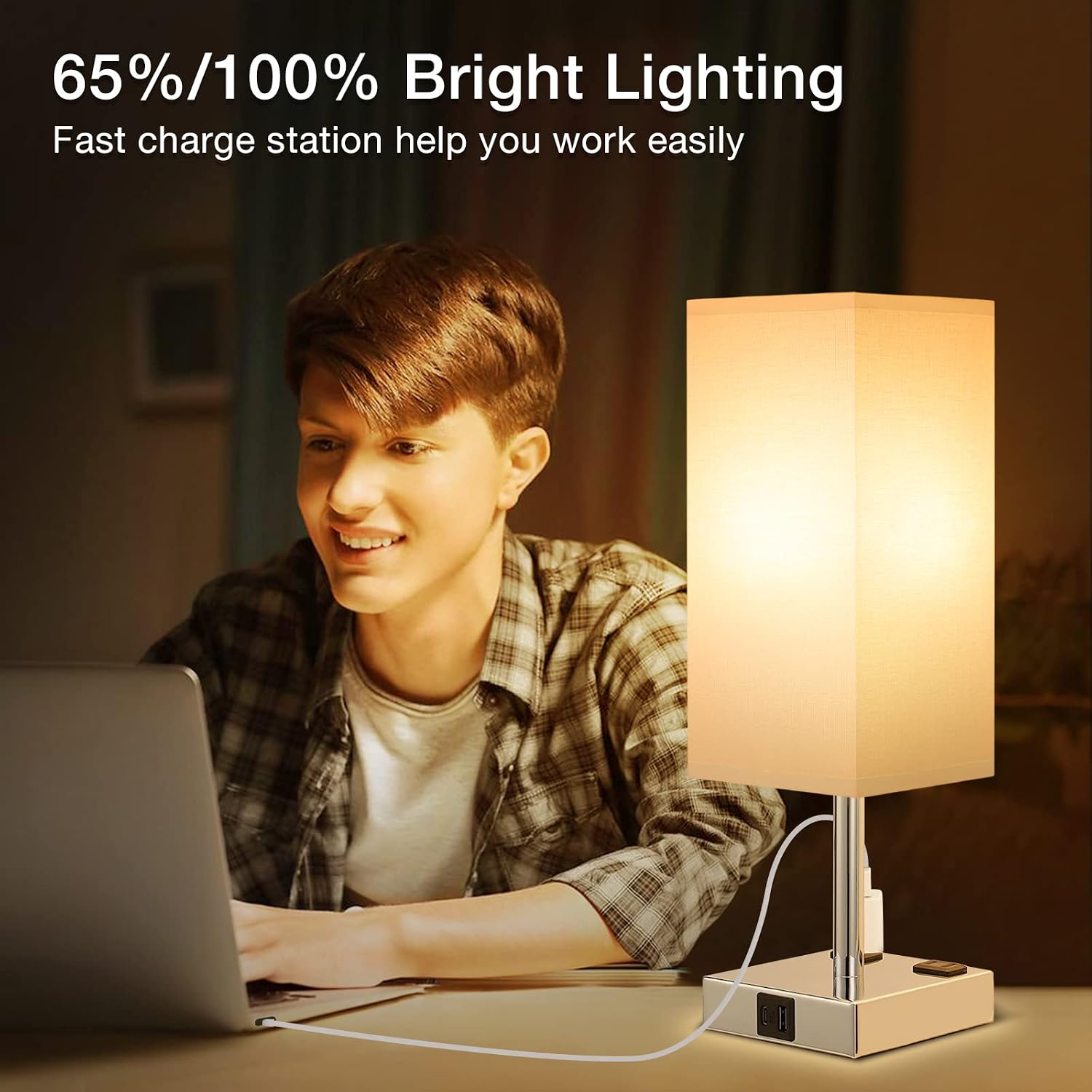 aooshine Set of 2 Touch Nightstand Lamp with USB-C+A Charge Ports& AC Outlets, 3-Way Dimmable Bedside Lamp with White Fabric Shade, Small…