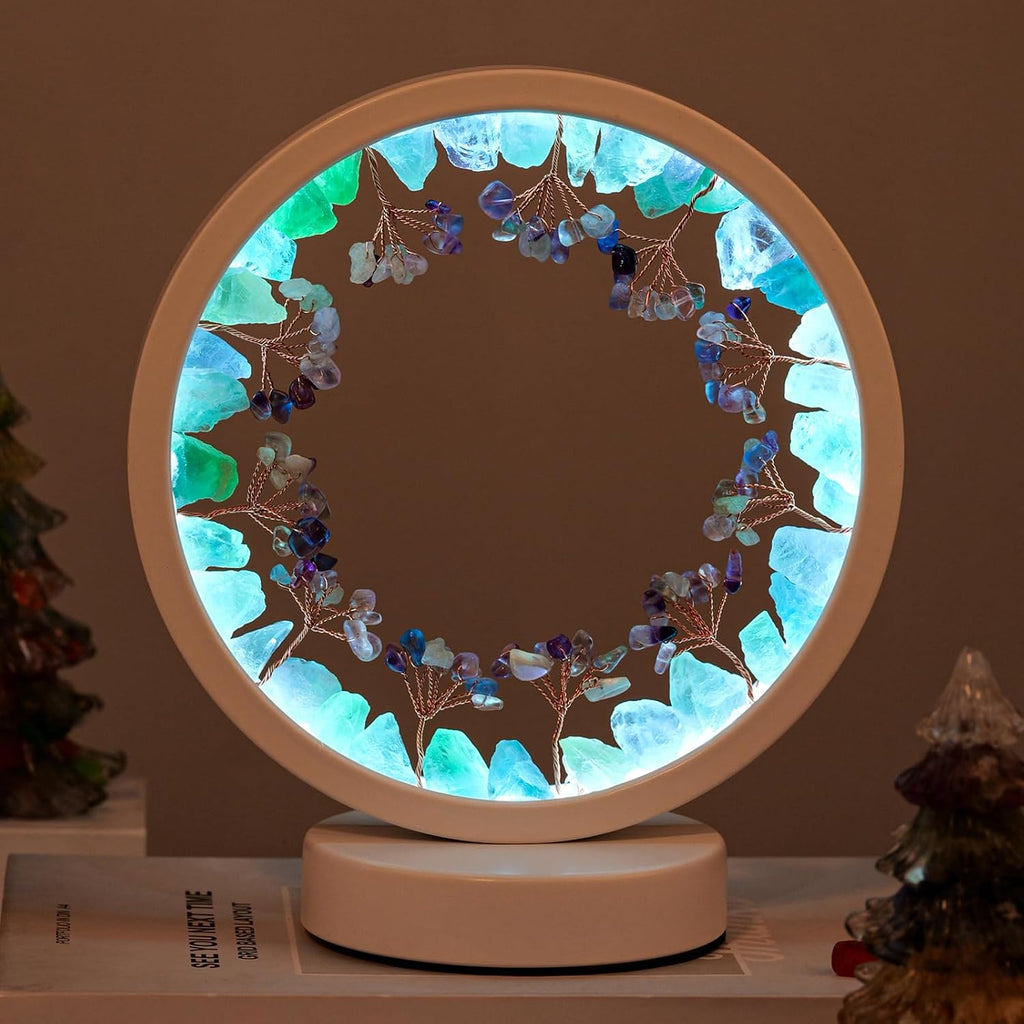 Runyangshi Natural Crystal Green Fluorite Small Tree Round White Frame Tri-Color Ambient Light Home Decoration Night Light Gift for Women