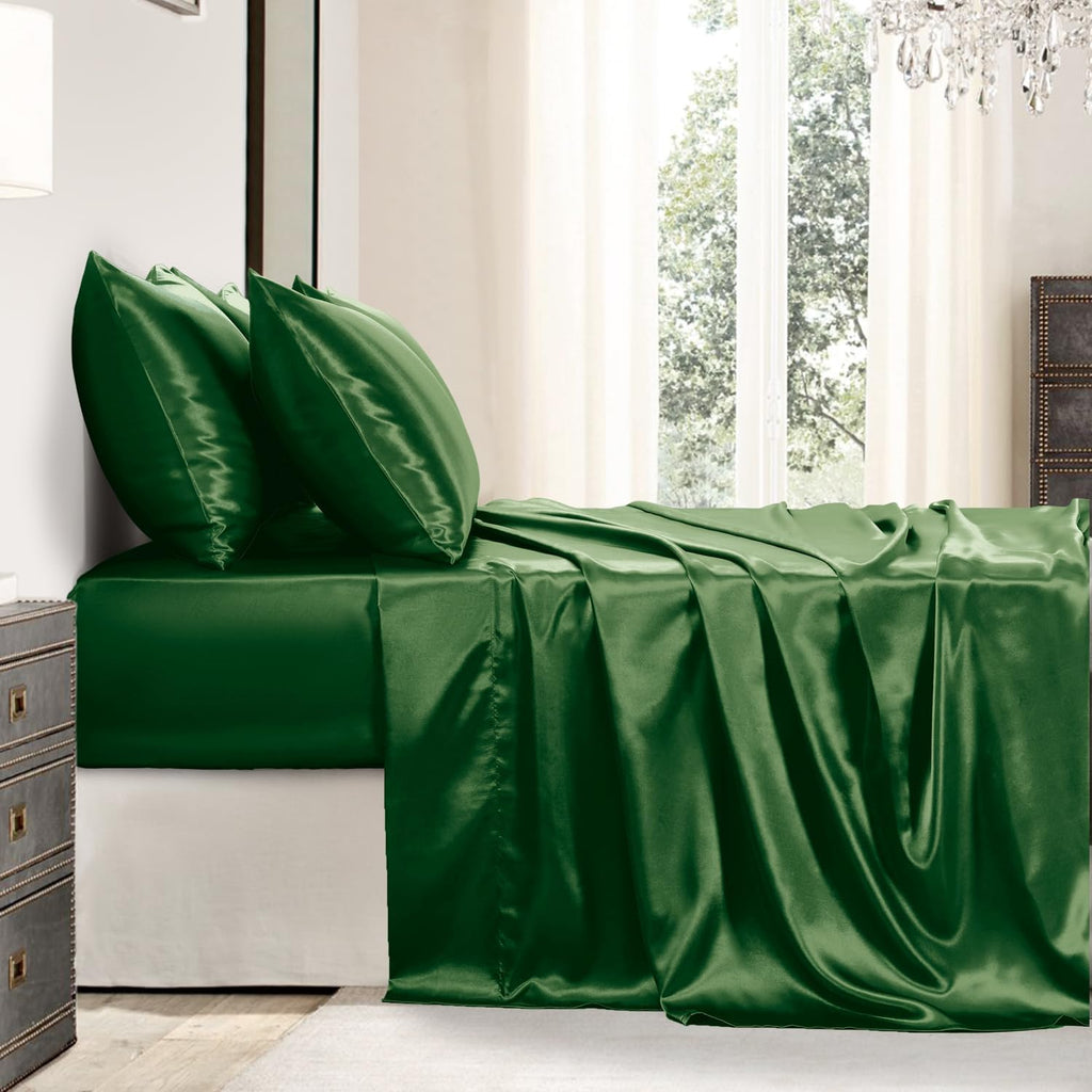 Golal Satin Sheets King Size - 6 Pieces Luxury Silky Soft Bed Sheets, Wrinkle-Free Dark Green Satin Silk Sheet Set with 1 Deep Pocket Fitte…