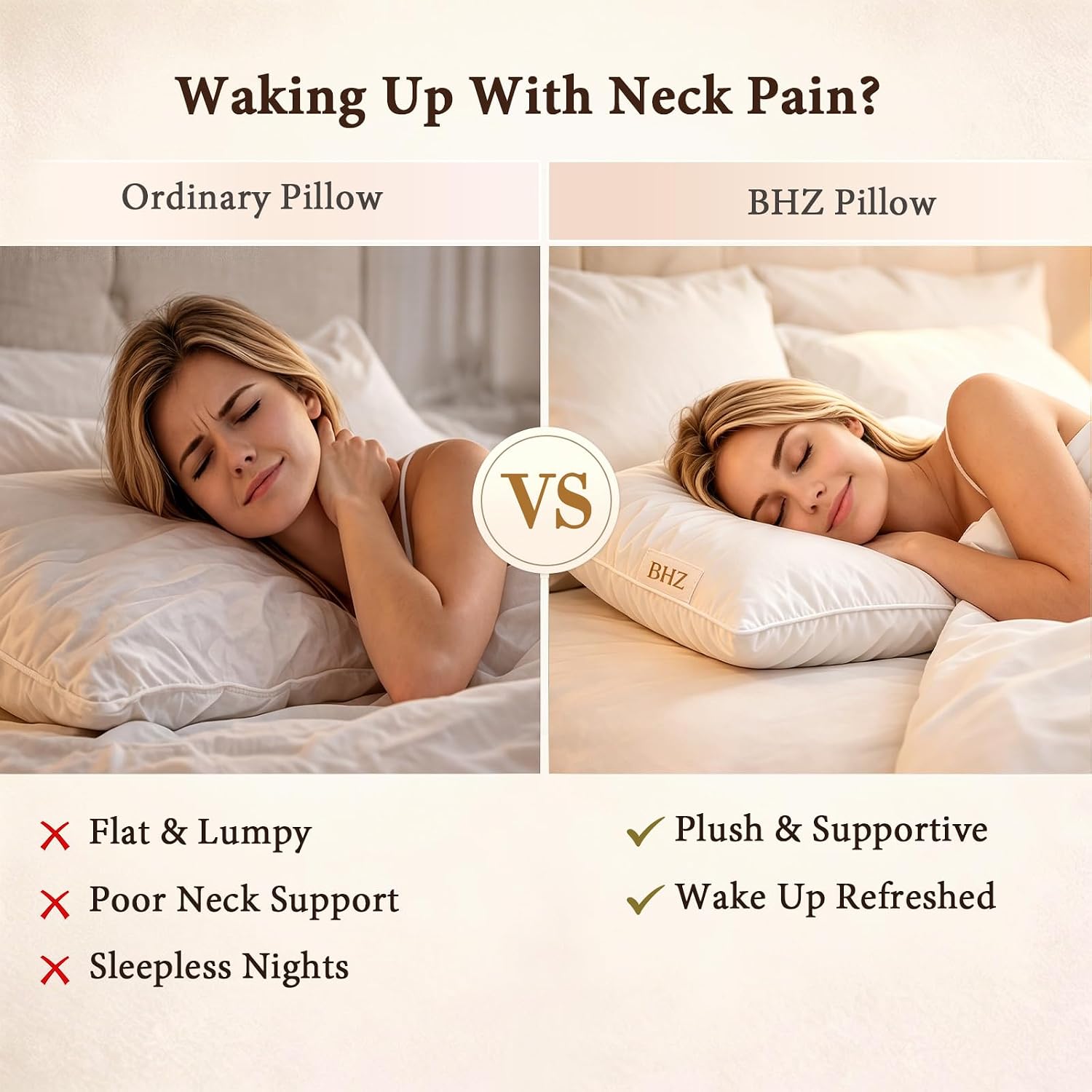 BHZ Goose Down Feather Pillows Queen Size Set of 2, Hotel Collection Bed Pillows for Sleeping Medium Firm Soft Support Pillow for Side…