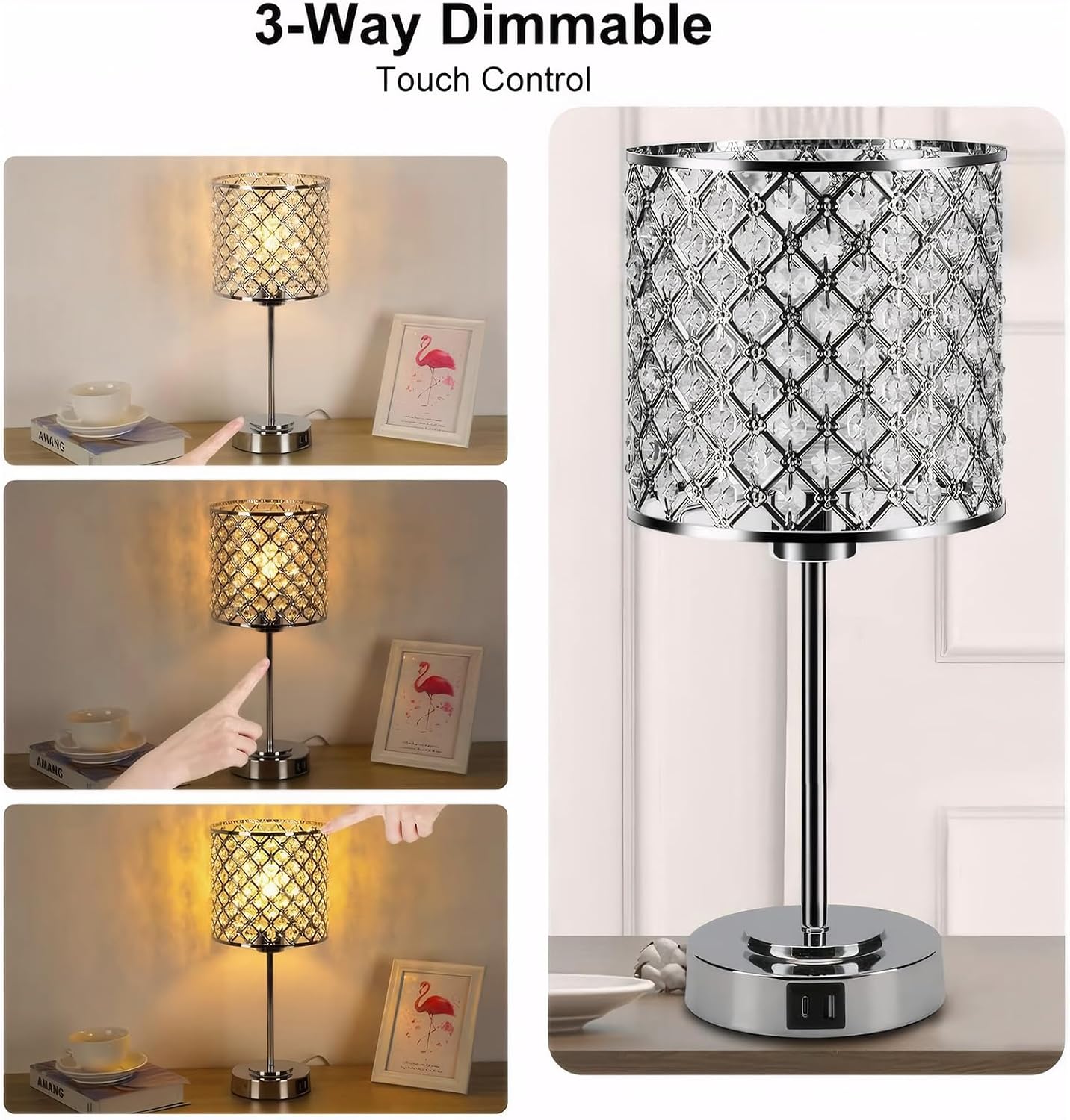 Crystal Table Bedside Lamp Touch Control, Dimmable Small Nightstand Lamp Set of 2 with USB-C+A Charging Ports, Decorative Silver Tabletop…