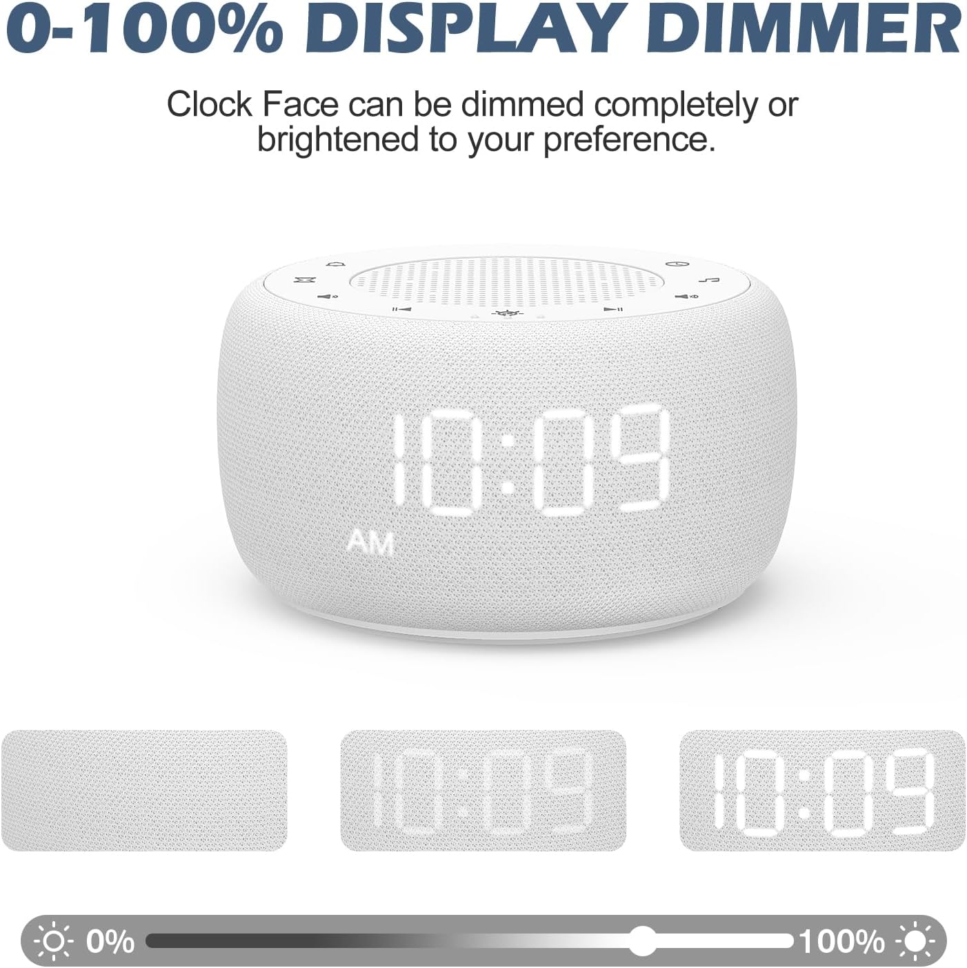 Buffbee Sound Machine & Alarm Clock 2-in-1, 0-100% Clock Face Brightness, Bottom Colored Light, Sleep Timer, Precise 30-Level Volume…