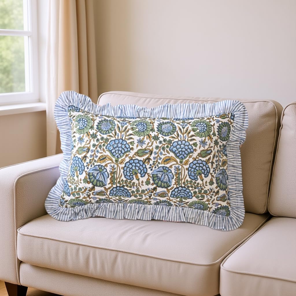 Ridhi Block Print Asparagus Green 20"x12" Set 1-100% Cotton Ruffle Lumbar Sham Cover Boho Floral Pillowcase, Farmhouse Cottagecore…