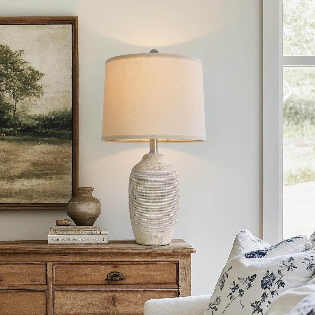 USumkky 24 inch Vintage Ceramic Table Lamp with 5FT Cord - Single Farmhouse Rustic Bedside Lamp with Natural Textured Finish, Nightstand…