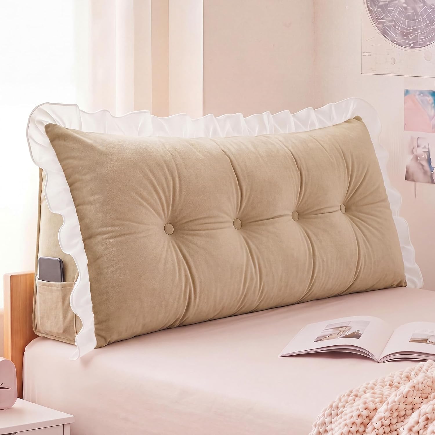 Leinuosen 39 in Ruffle Wedge Headboard Pillow for Dorm Twin XL College Bed Reading Bolster Dorm Velvet Triangular Bed Backrest Wedge…