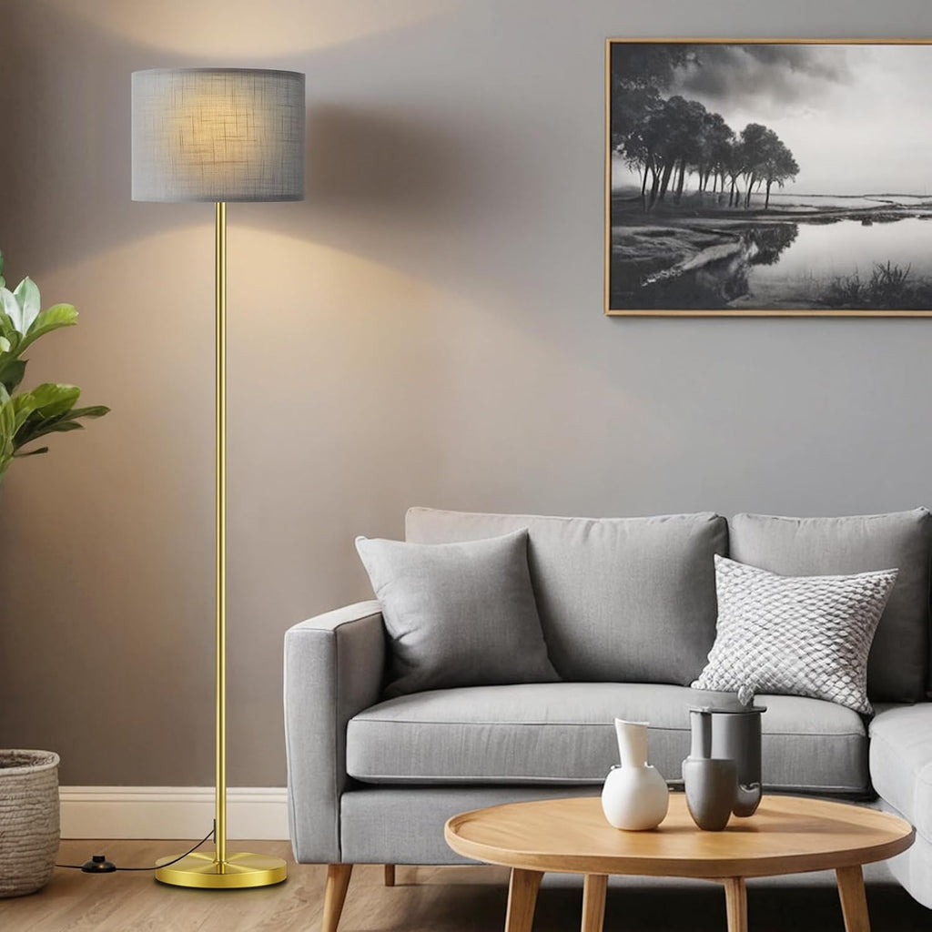 Ambimall 60'' Modern Floor Lamp with Shade, Tall Lamps for Living Room, Bedroom, Office, Dining Room, Linen Grey Shade with Brushed Gold Po…