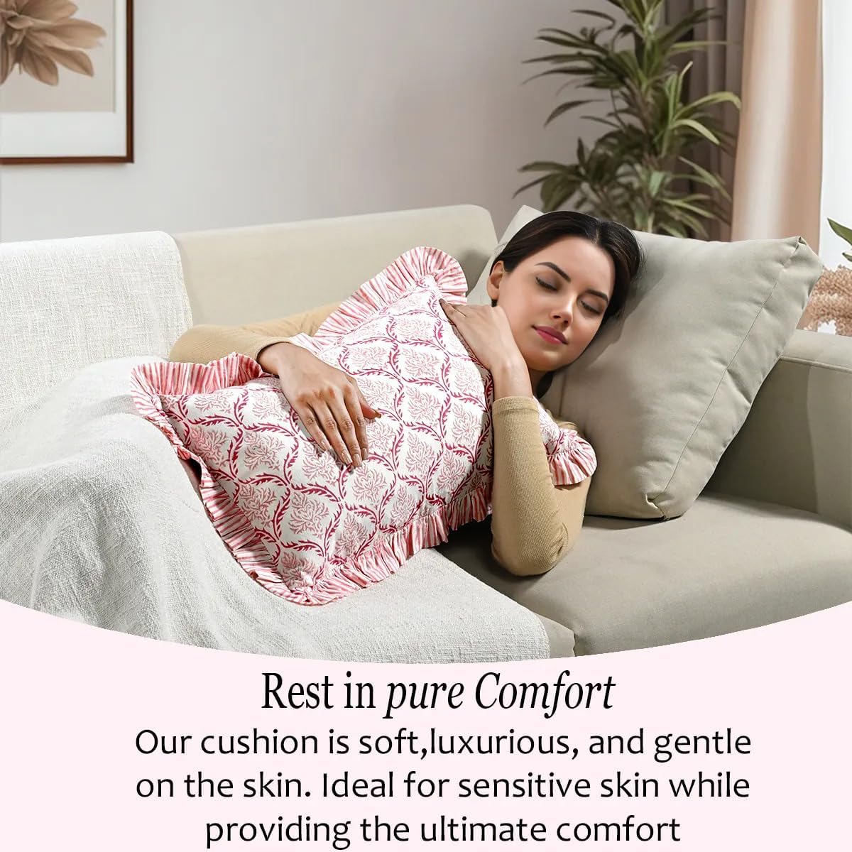 Cottonprintclub CPC Hand Block Print Blush Rose Ruffle Sham Pillow Cover 20" x 12" inch Hidden Zipper Decorative Pillowcase for Couch, Bed,…
