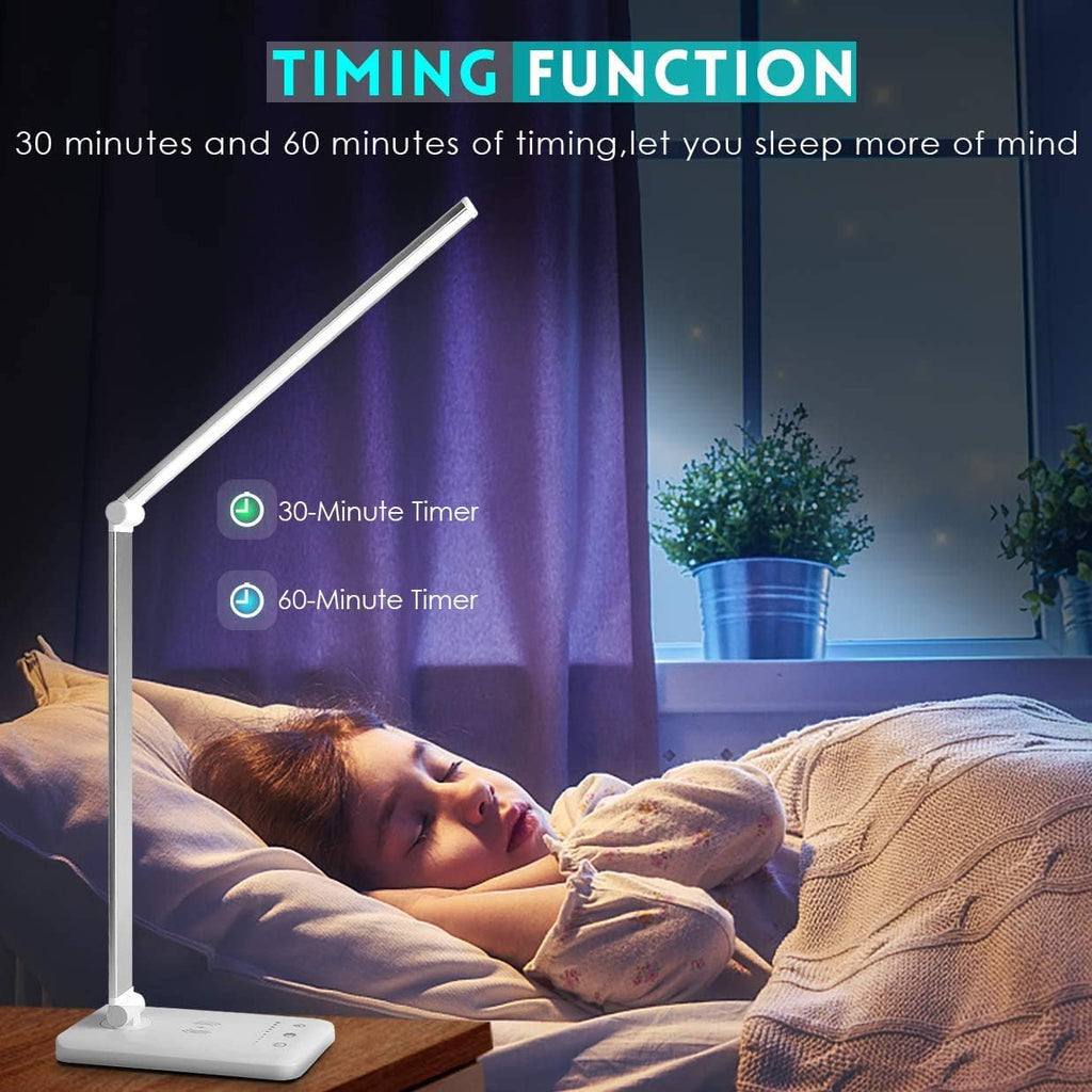Jostic LED Desk Lamp with Wireless Charger, USB Charging Port, Desk Light with 10 Brightness, 5 Color Modes, Dimmable Eye Caring Reading De…