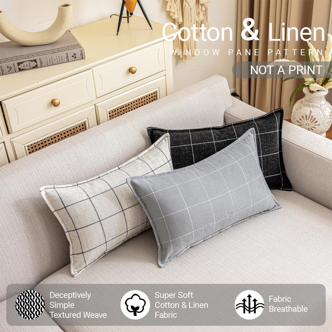 Grey Lumbar Throw Pillows 12x20, Light Grey Plaid Pillows Set of 2, Grey and White Checkered Decorative Lumbar Pillows 12 x 20, Gray…
