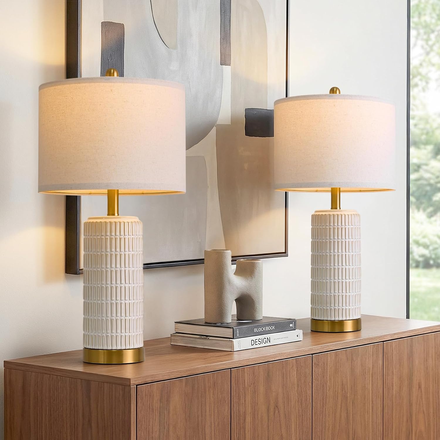 Pokat 25'' Modern Table Lamps Set of 2 for Living Room with Gold Base, White Farmhouse Bedside Lamps for Bedroom, Nightstand Lamps for Offi…