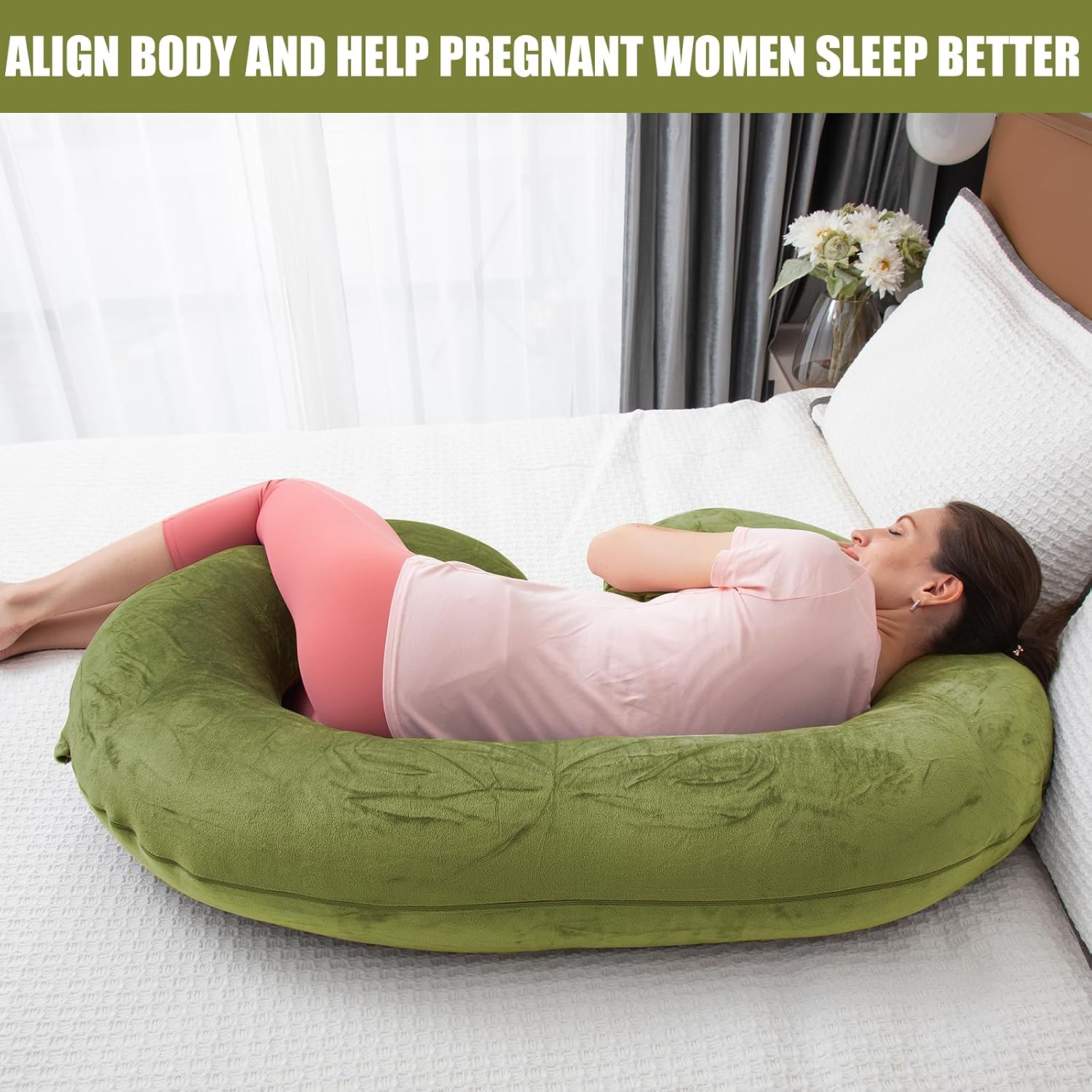 1 MIDDLE ONE Pregnancy Pillow, C Shaped Full Body Pregnant Women Sleeping Pillow for Maternity Support with Cover (Green)