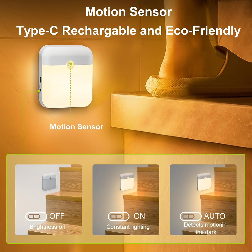 2 Pack Motion Sensor Night Light, Rechargeable Battery Night Lights Warm White, Portable Mini Motion Activated Night Light for Wall…