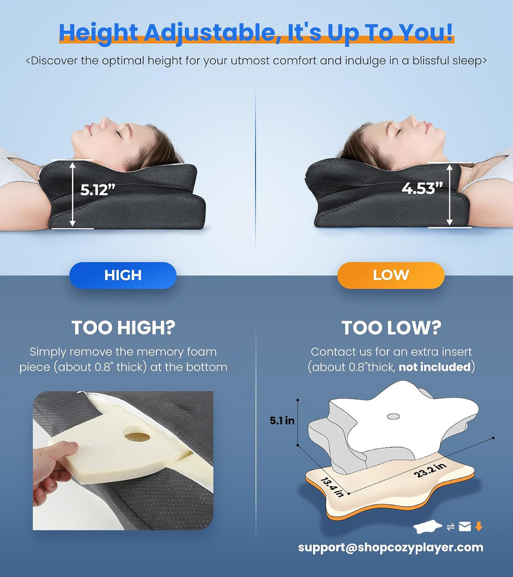 Cozyplayer Ultra Cooling Pillow for Neck Support, Adjustable Cervical Neck Pillow Cozy Sleeping, Odorless Ergonomic Contour Memory Foam Pil…