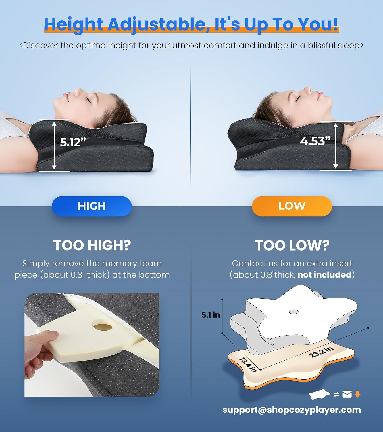 Cozyplayer Ultra Cooling Pillow for Neck Support, Adjustable Cervical Neck Pillow Cozy Sleeping, Odorless Ergonomic Contour Memory Foam Pil…