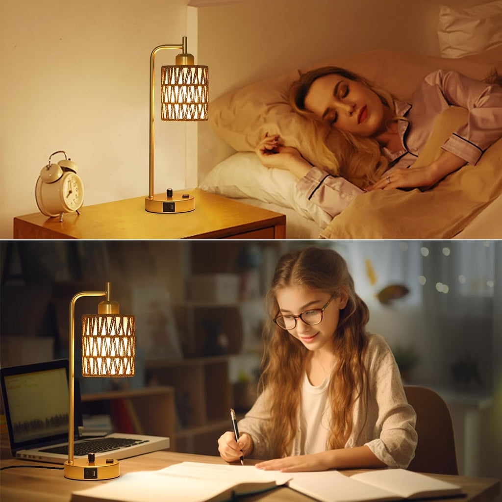 Gold Lamp for Bedroom, Boho Rattan Table Lamps Set of 2 with LED Bulbs, Bedside Lamps for Night Stands with Wicker Shade, USB Port and…