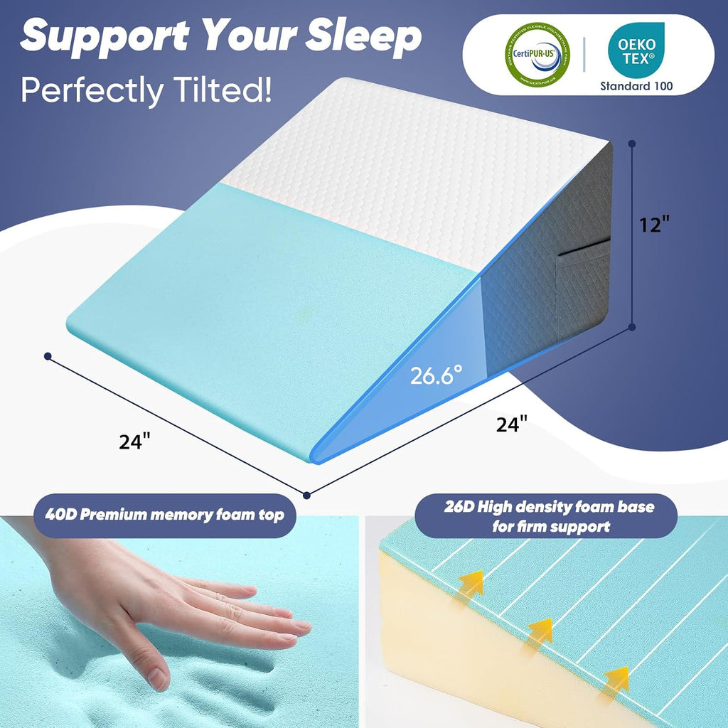 12 inch Bed Wedge Pillow for Adults Seniors, Cooling Memory Foam Incline Pillow for Sleeping, Reading & Resting, Back Support and Leg…