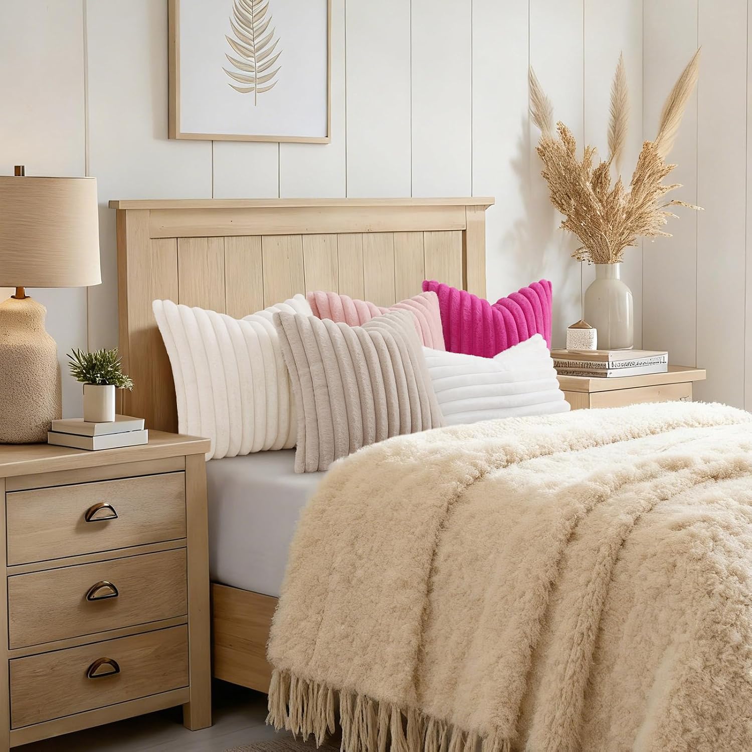 decorUhome Summer Cozy Faux Fur Throw Pillow Covers 16x16 Set of 2 Decorative Soft Plush Striped Modern Farmhouse Boho Couch Pillow Cases w…