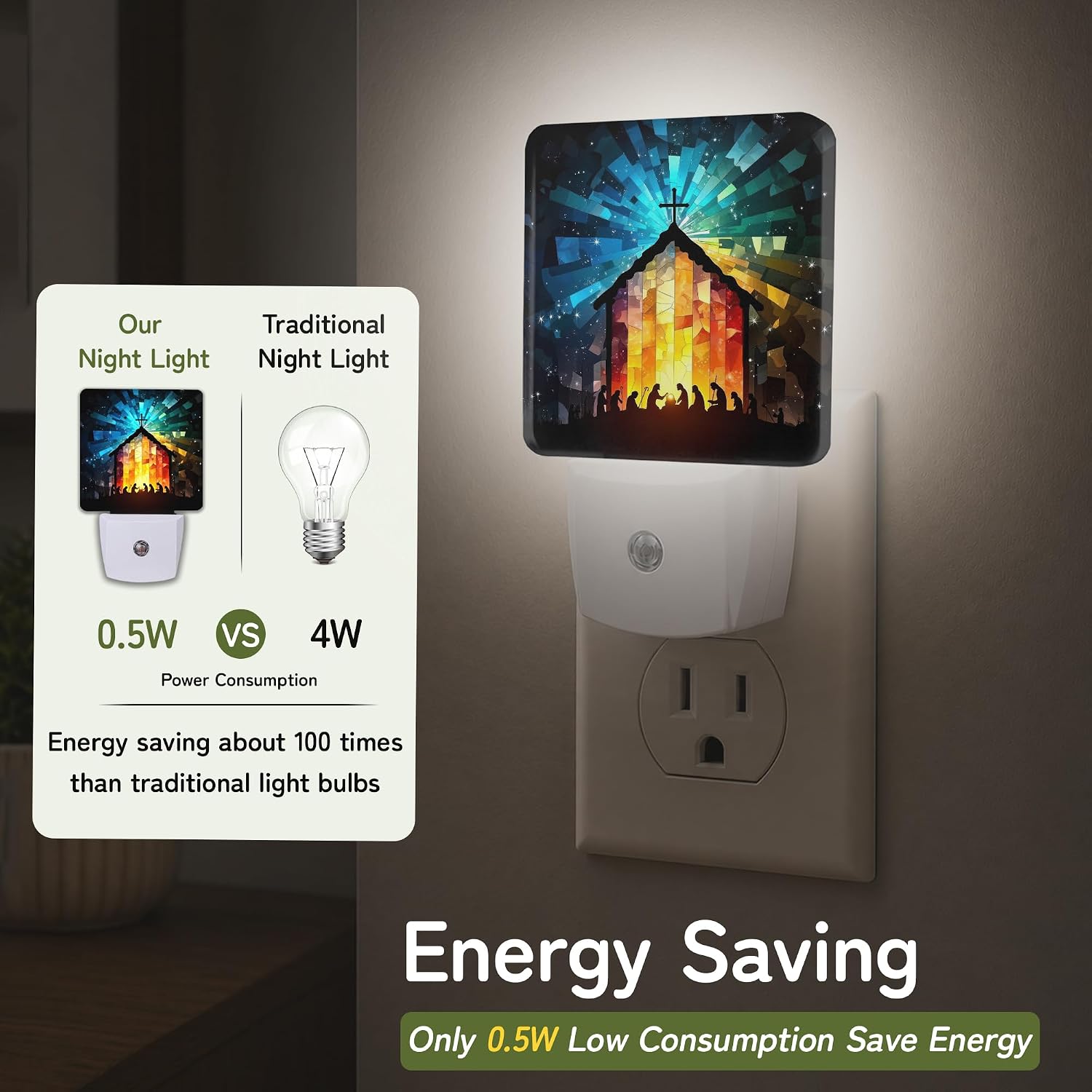 Nativity Stained Glass Night Lights Plug into Wall, Night Light with Dusk to Dawn Sensor for Bedroom Bathroom Kitchen Hallway Stairs…